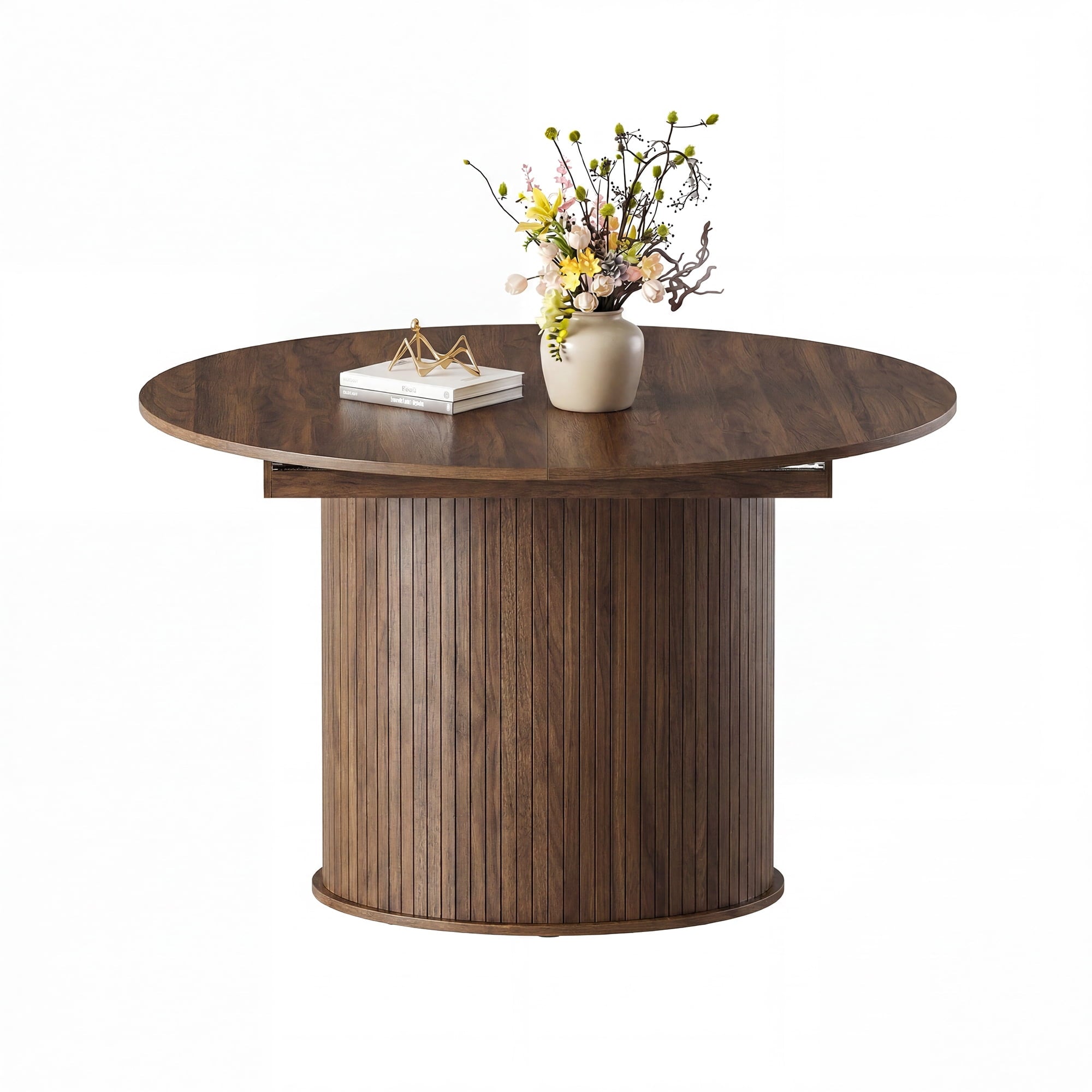 EOP 47″- 63″ Extendable Round Dining Table for 4-6, Wooden Kitchen Table with Hidden Storage and Fluted Sliding Door Cabinet, Modern Space-Saving Table for Dining Room Kitchen, Walnut
