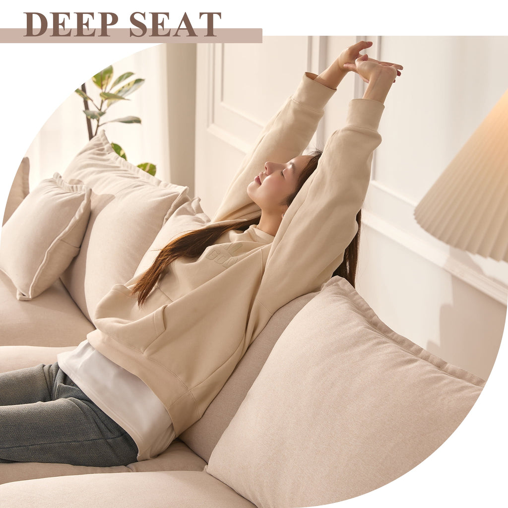LAKPS 3-Seat Sectional Sofa Couch, Cloud-Style Deep Seating Sleeper Sofa with Included Throw Pillows, Linen Upholstery, Modern Living Room Sofa, Cream White