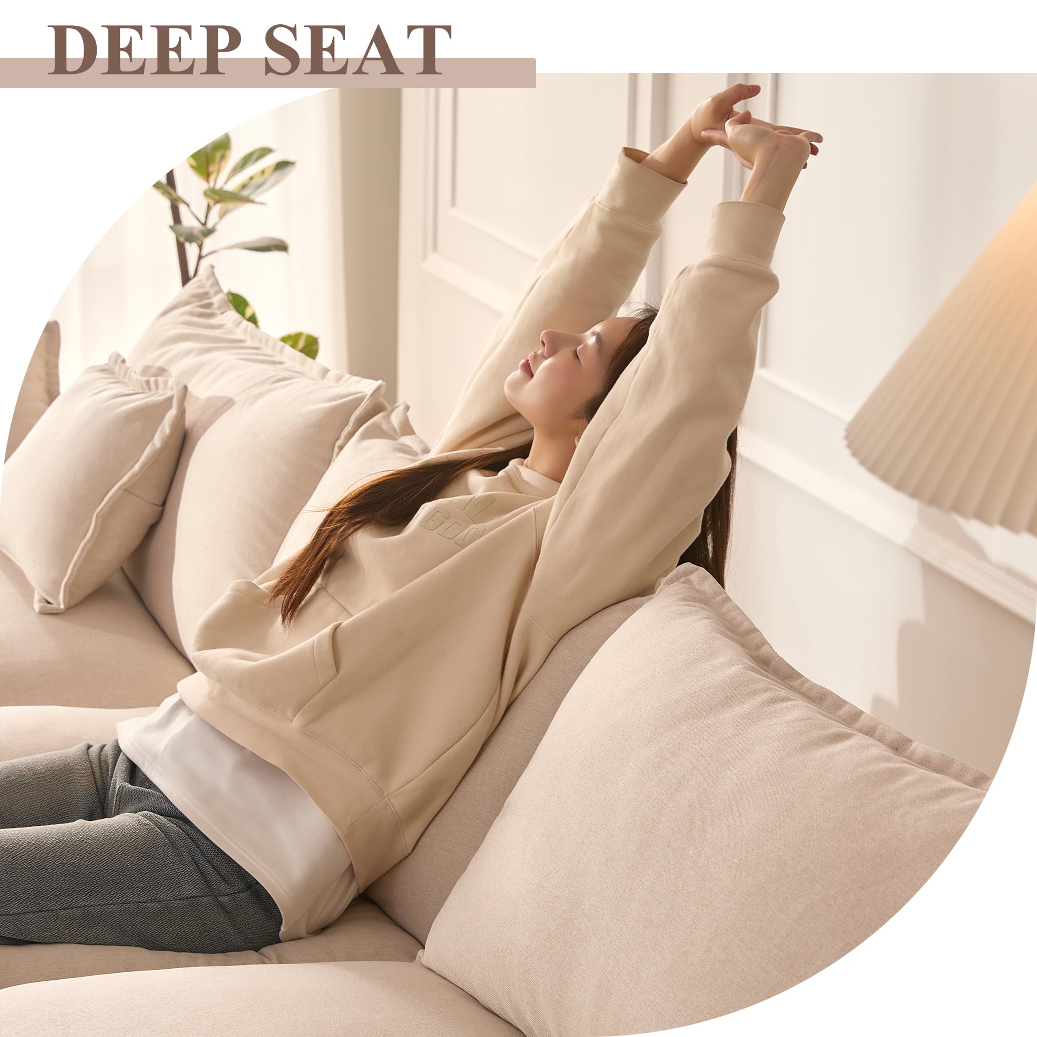 LAKPS 3-Seat Sectional Sofa Couch, Cloud-Style Deep Seating Sleeper Sofa with Included Throw Pillows, Linen Upholstery, Modern Living Room Sofa, Cream White