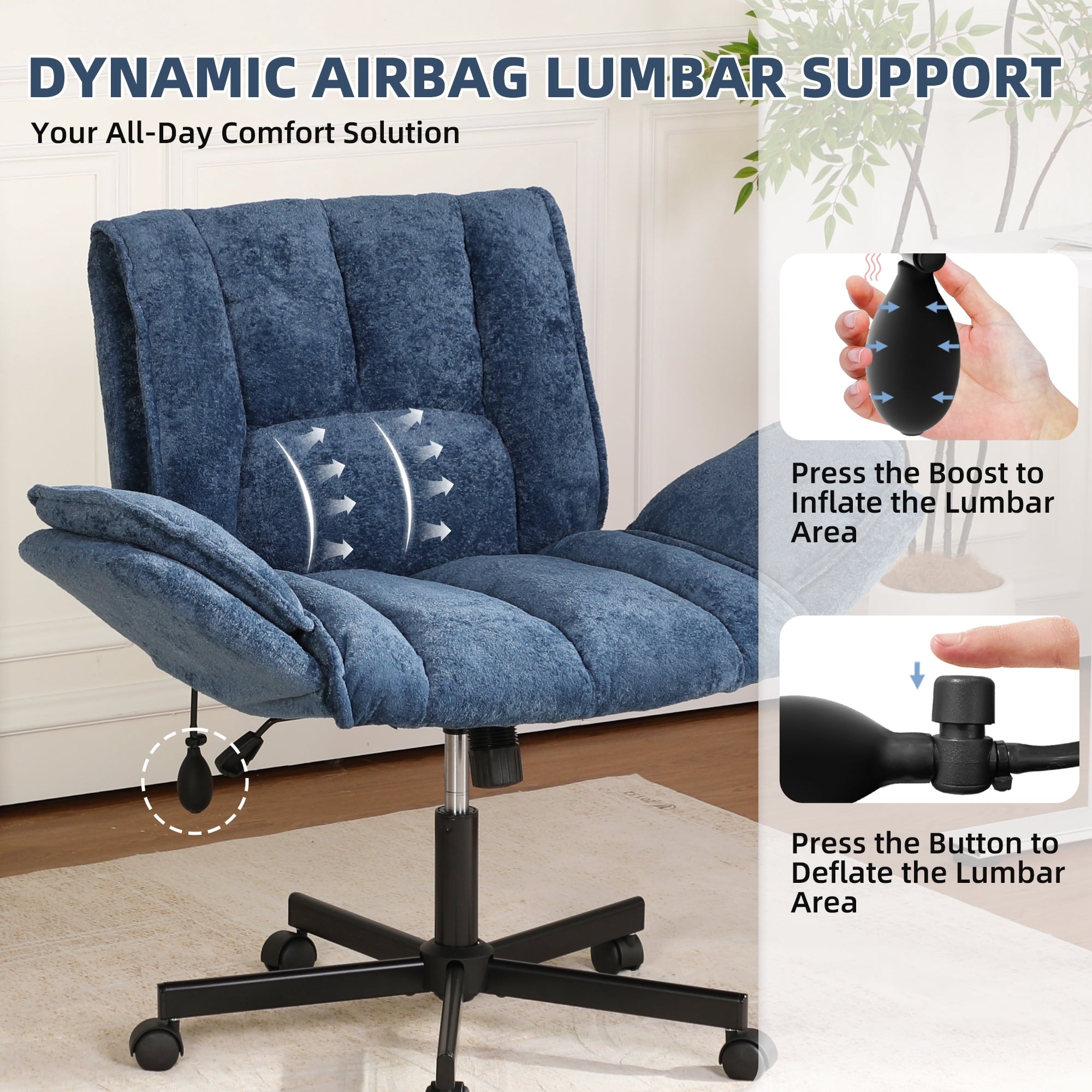 Cross Legged Office Chair with Wheels & Dynamic Airbag Lumbar Support, Criss Cross Wide Seat, 5-Position Fold-Down Armrests, Swivel Vanity Chair for Home Office, Dark Green