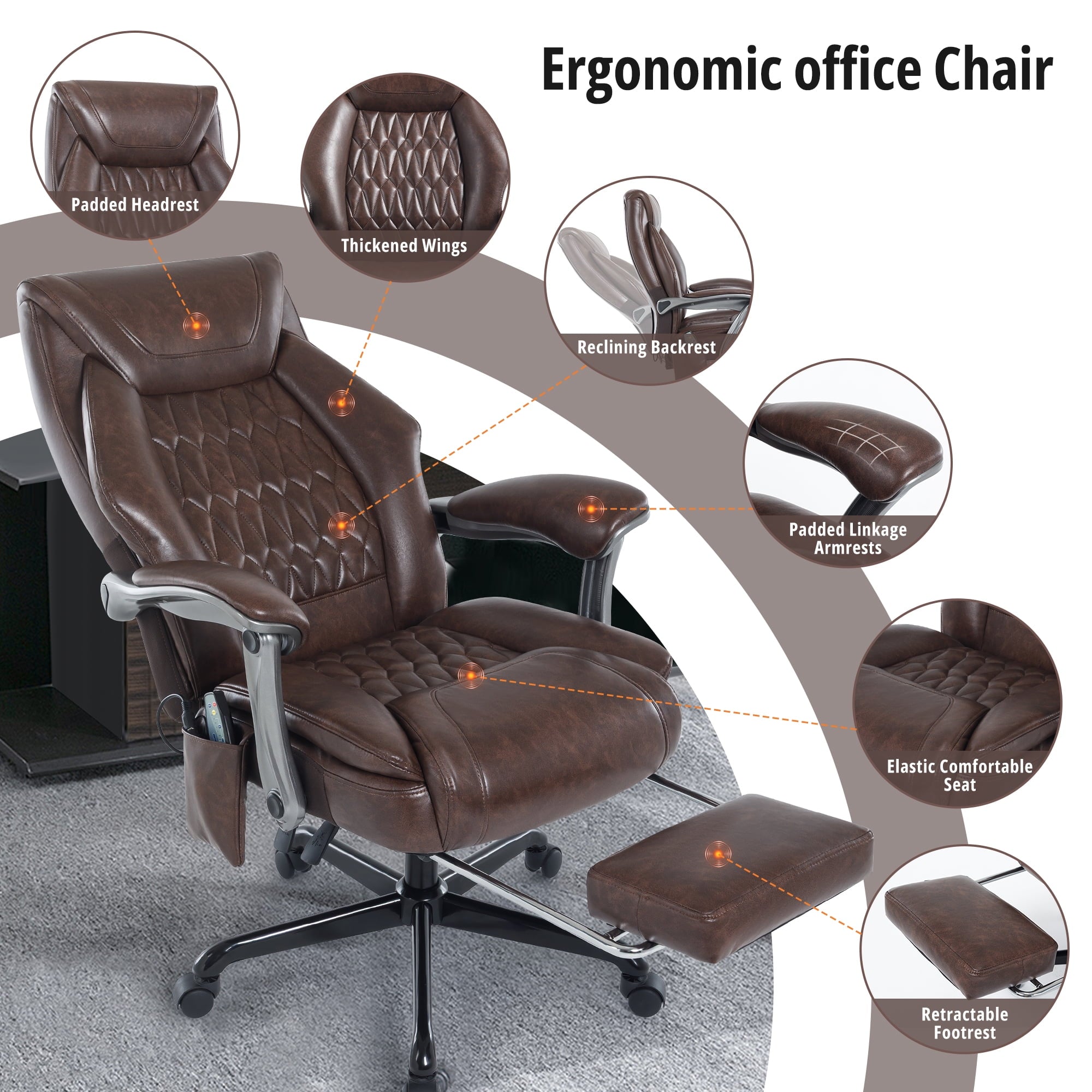 Heated Massage Office Chair with 6 Points Vibration, Reclining Ergonomic Desk Chair with Footrest for Extra Comfort, PU Leather High Back Executive Computer Chair, Thick Padded Massage Chair