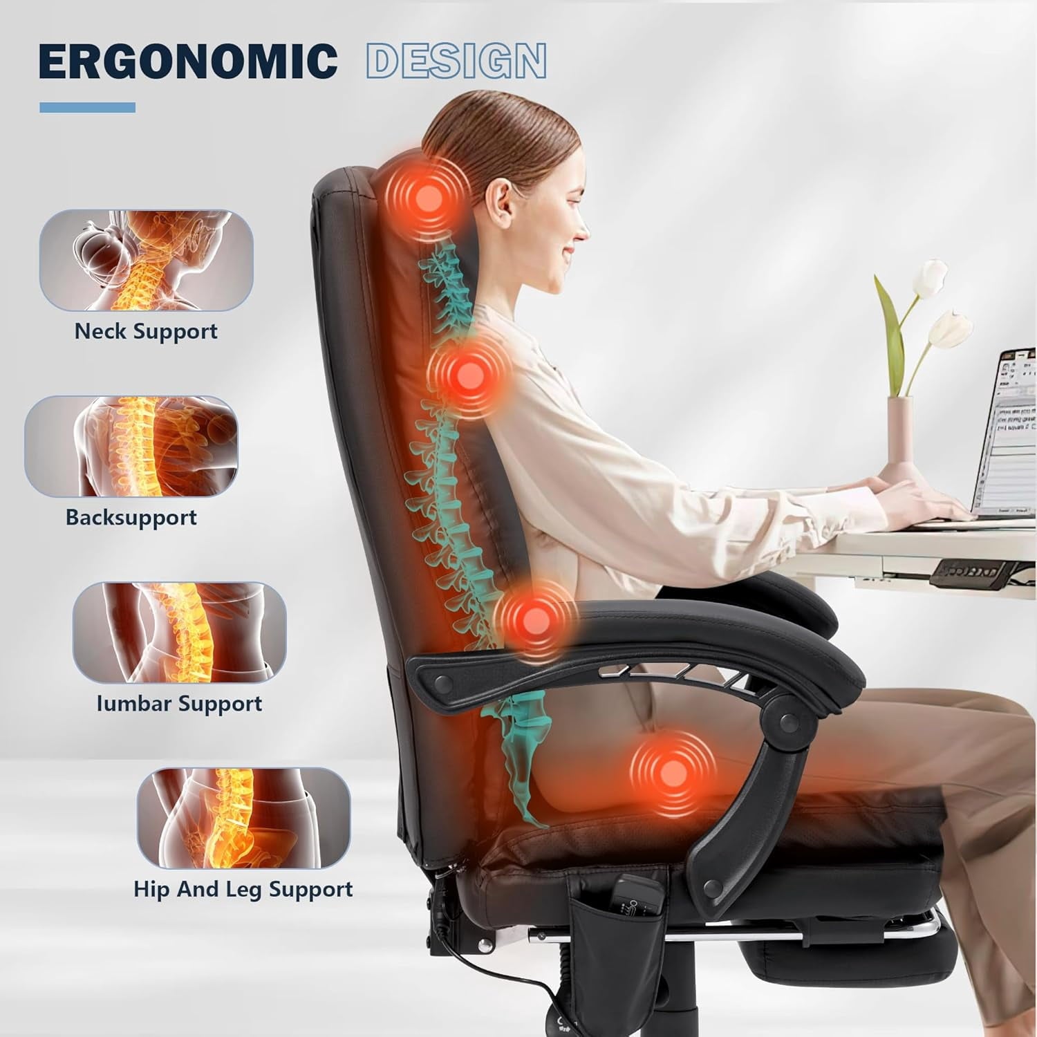 HOMREST Ergonomic Office Chair with 6-Point Massage & Heating, Adjustable Executive Desk Chair with Retractable Footrest, PU Leather Home Office Desk Chair for Home & Office (Black)