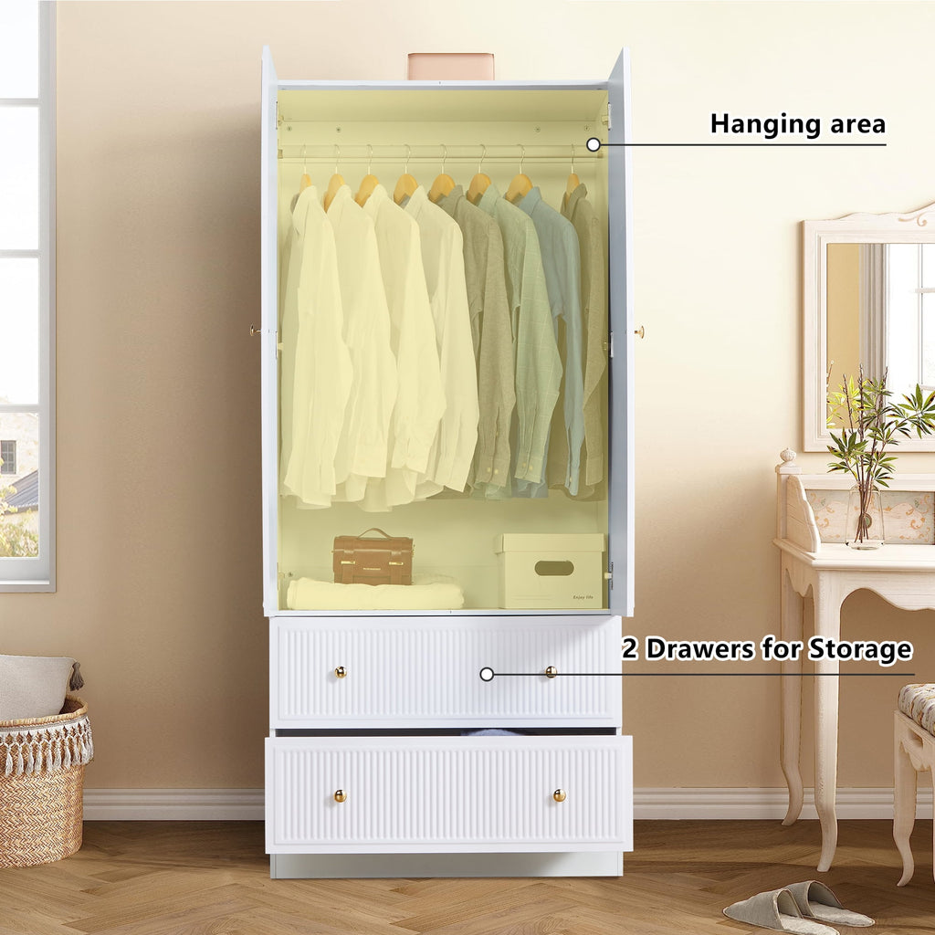 Wirrytor Freestanding Wooden Armoire Wardrobe with 2 Woven Doors and Storage Drawers, Space-Saving Closet Cabinet for Bedroom, Sturdy Mdf Board Closet with Hanging Rail