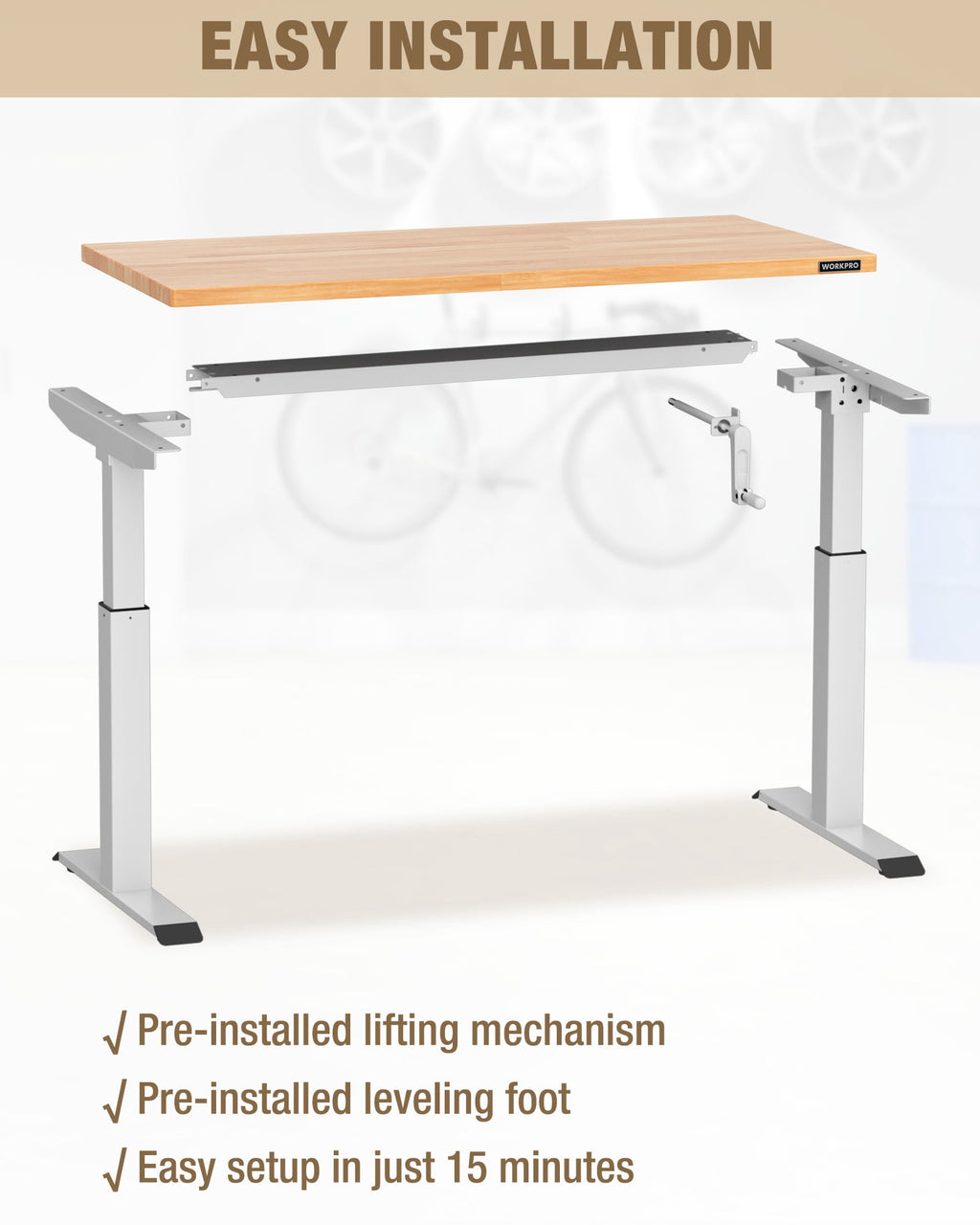 WORKPRO 300 lbs Height Adjustable Workbench with Crank Handle, 47.2x 23.6 Rubberwood Work Table, Comfortable Standing Desk for Home Workshop Office, White