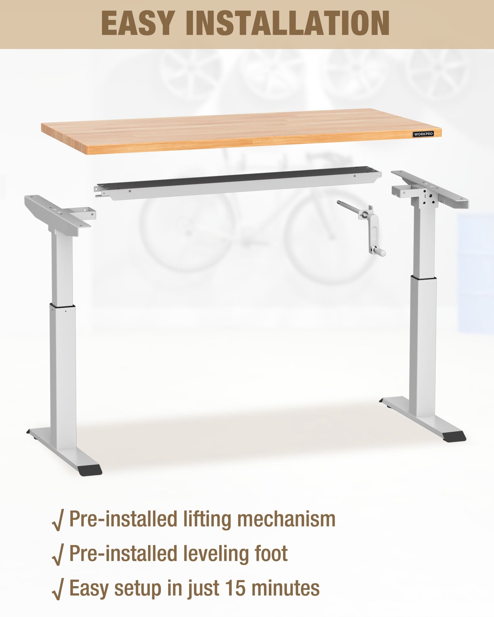 WORKPRO 300 lbs Height Adjustable Workbench with Crank Handle, 47.2x 23.6 Rubberwood Work Table, Comfortable Standing Desk for Home Workshop Office, White