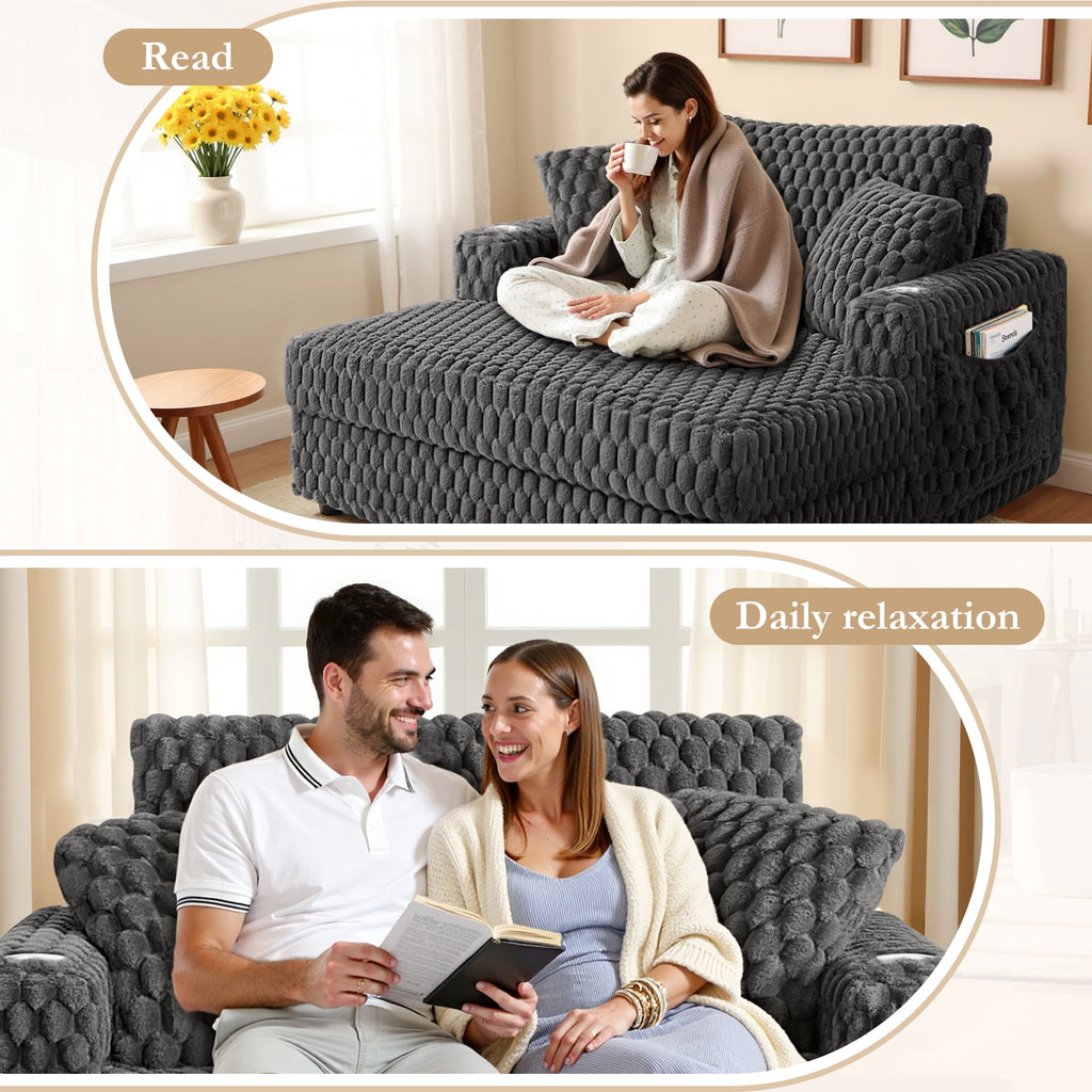 ATHOPE 67.3 Chaise Lounge Chair Indoor, Corduroy Couch Chair with Pillows, Comfy Reading Chairs with Wide Arms, Upholstered Sleeper Sofa for Living Room, No Assembly Required, Gray