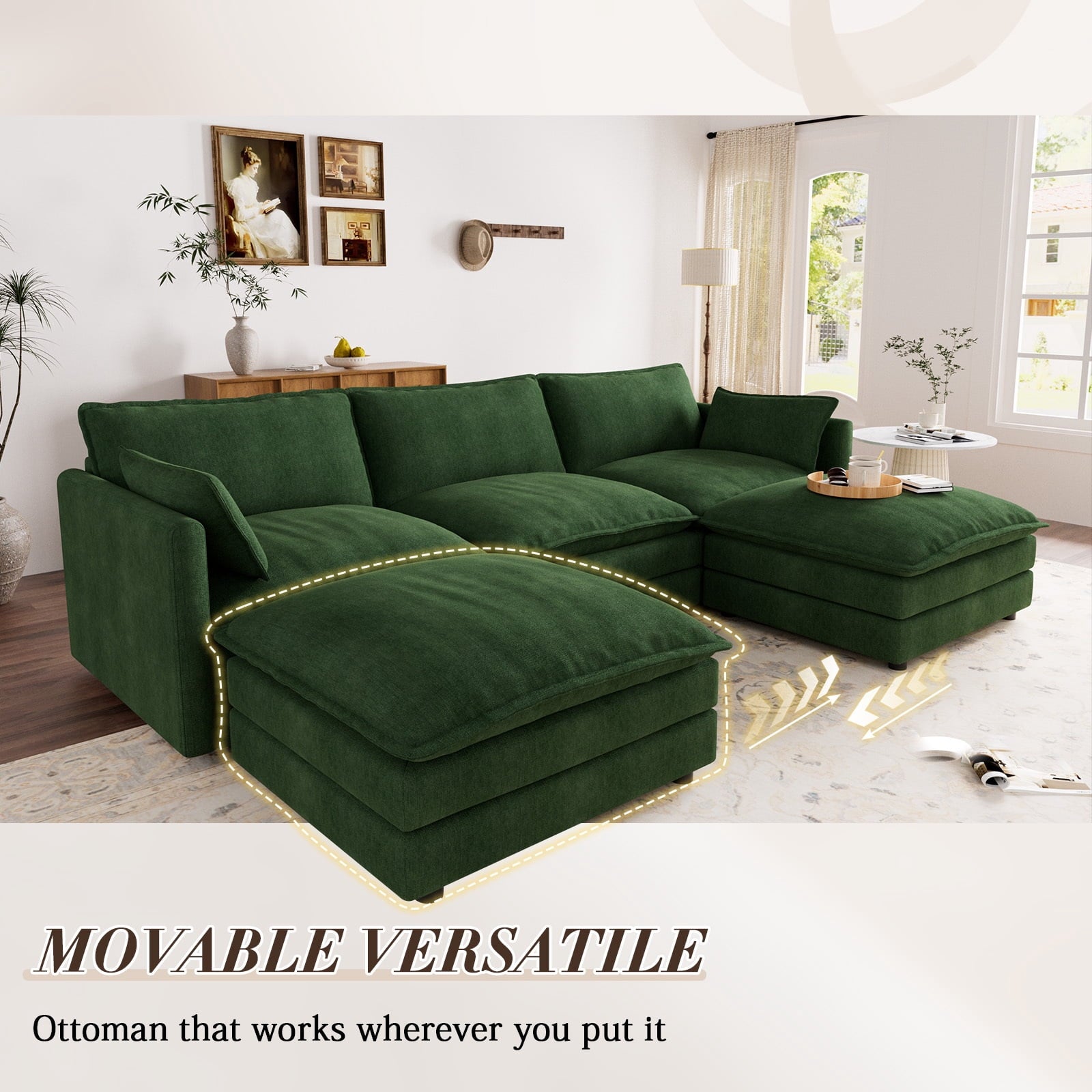Muumblus Sectional Sofa Cloud Couch with Reversible Ottoman, L-Shaped Chenille Sofa for Living Rooms, Beige