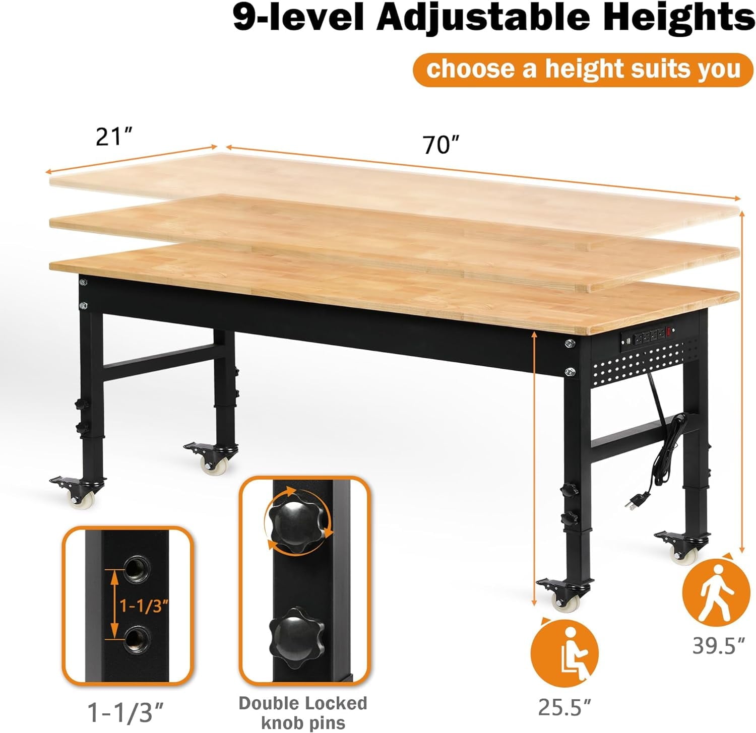 Tolead 60 Heavy-Duty Adjustable Workbench with Power Outlets, Rubber Wood Shop Table, Metal Wheels, Workstation