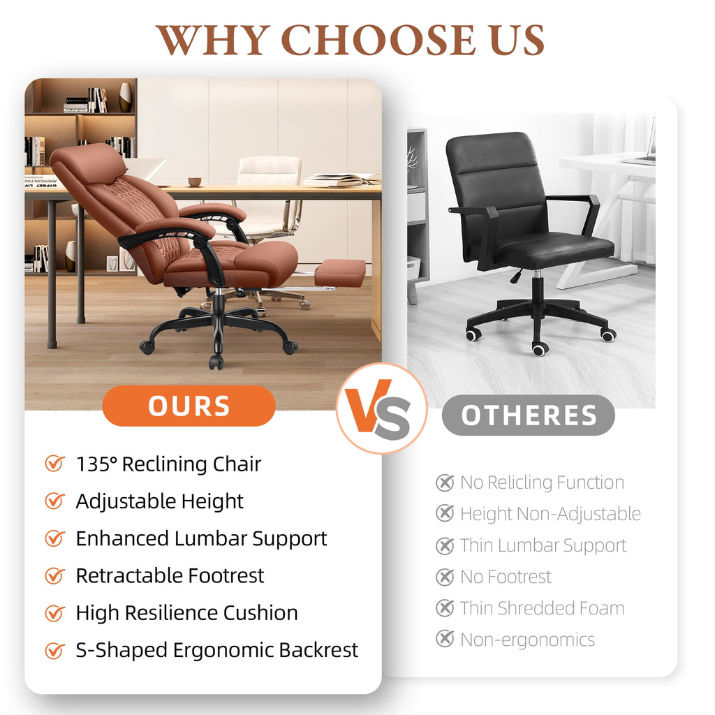 FASTES Executive Office Chair, Ergonomic Desk Chair with Adjustable Armrests, Computer Leather Chair Big and Tall Office Chair with Footrest and Lumbar Support, Brown