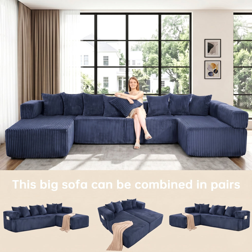 SOULART 138.5 U Shaped Sectional Couch,Gray Cloud Boneless Sofa For Living Room,Plush Corduroy Couches With Deep Seat Chaise Lounge,No Assembly Required