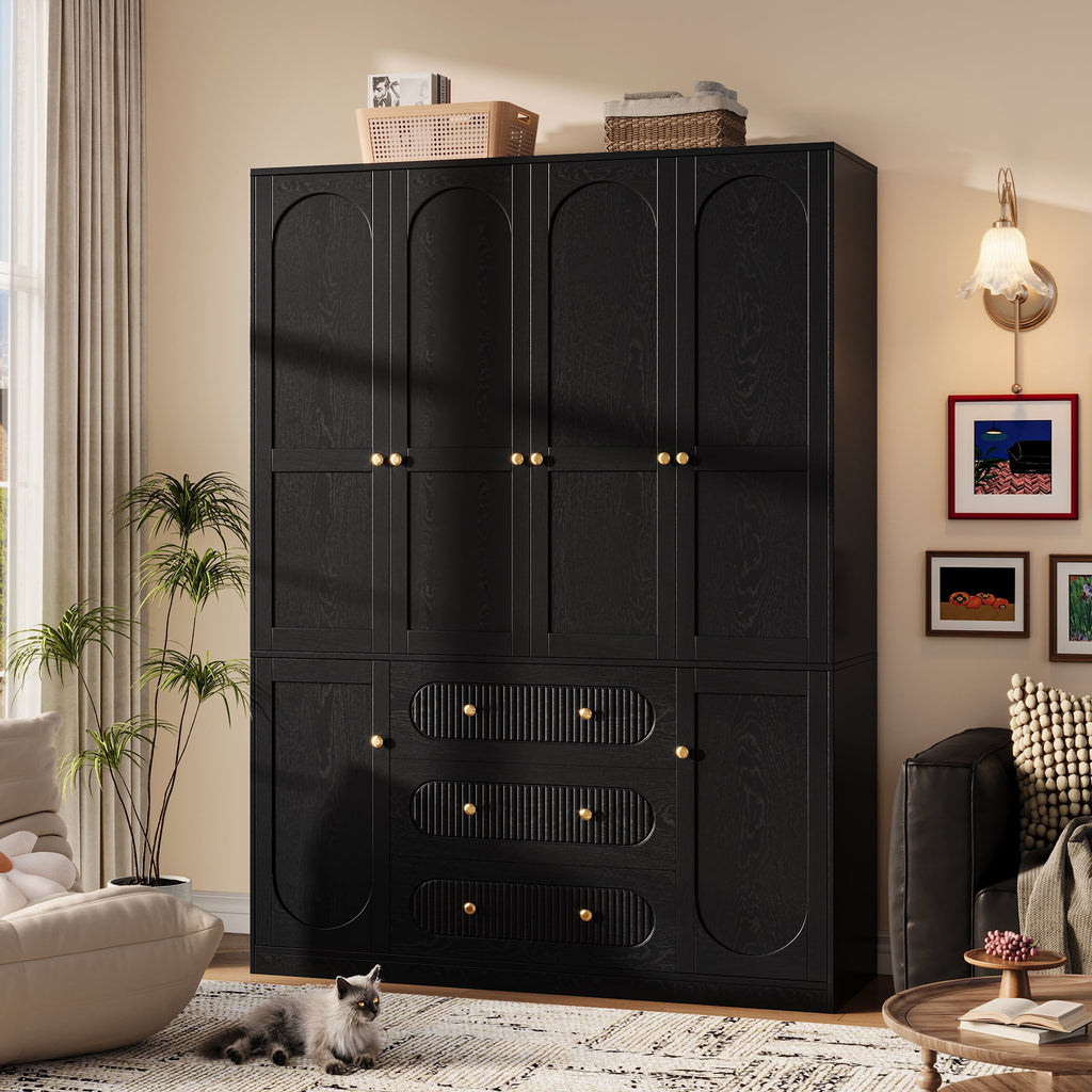UGTOO 72H 4-Door Wardrobe Armoire with 3 Hanging Rods & 3 Drawers – Black Wooden Closet Storage Cabinet, Large Capacity Freestanding Clothes Organizer for Bedroom