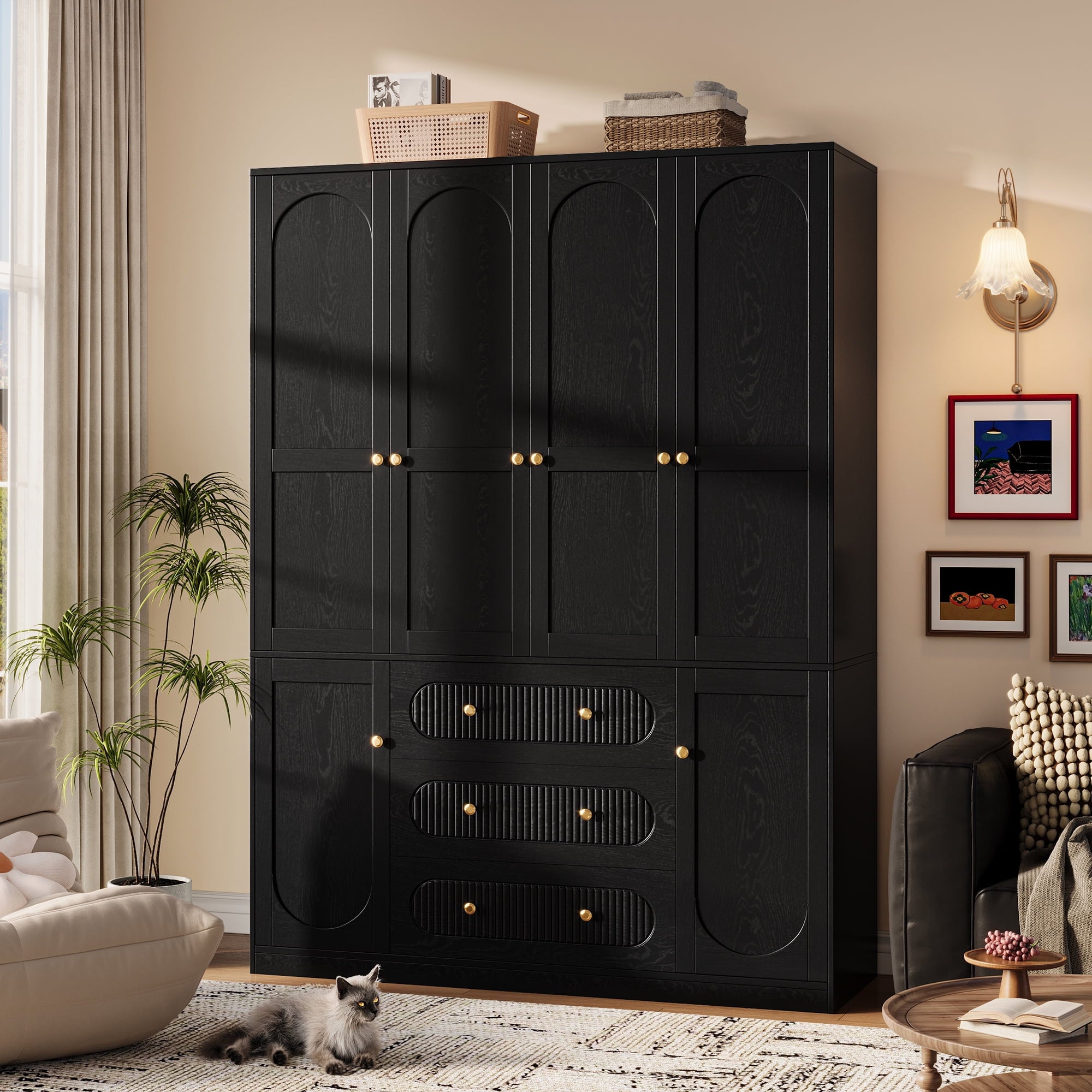 UGTOO 72H 4-Door Wardrobe Armoire with 3 Hanging Rods & 3 Drawers – Black Wooden Closet Storage Cabinet, Large Capacity Freestanding Clothes Organizer for Bedroom
