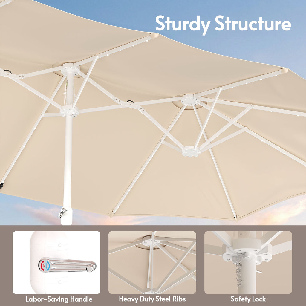 LAZZO 15ft Large Patio Umbrella with Base and Lights, Double-Sided Rectangular Outdoor Deck Umbrella, Tiki Style