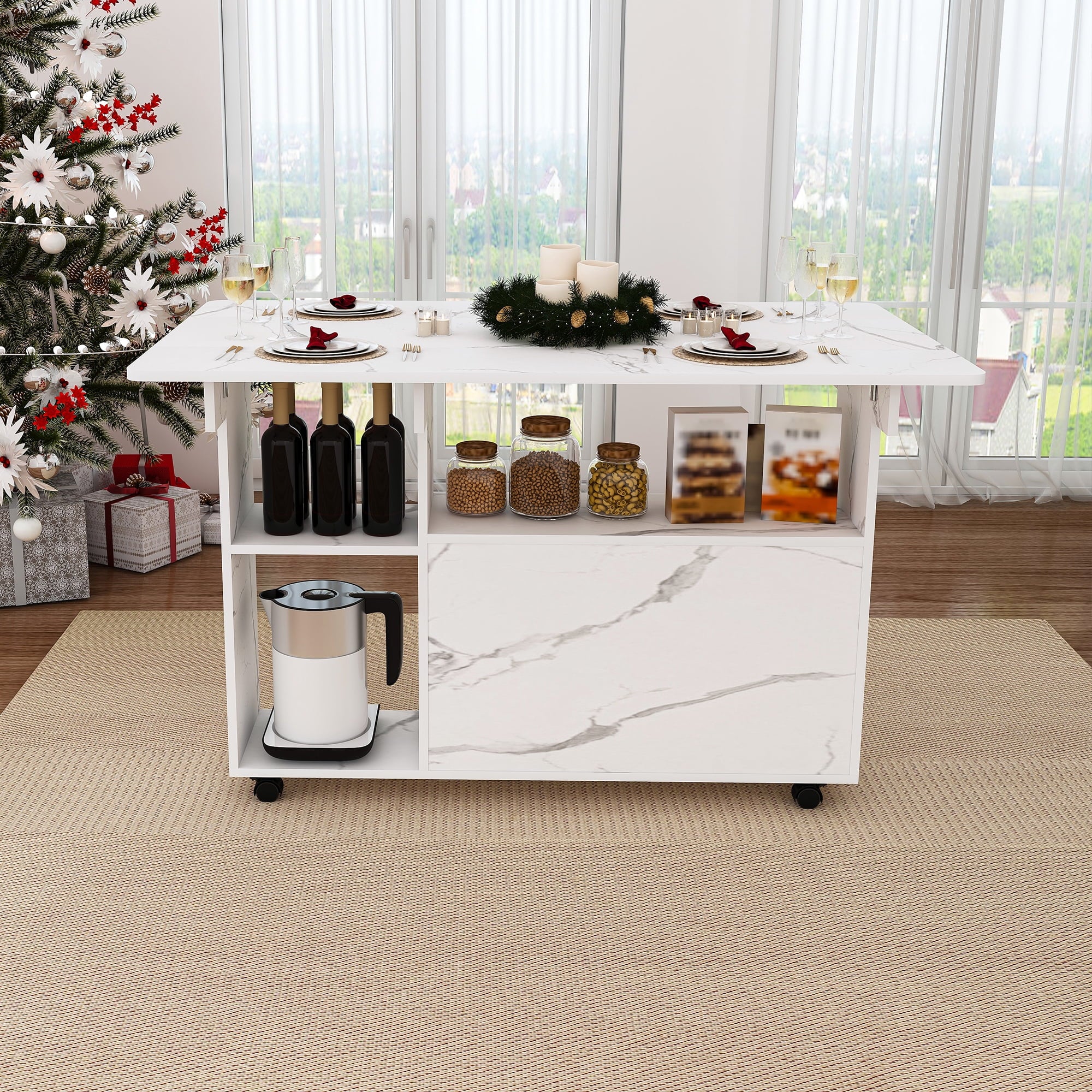 Wohh 47 Inch Folding Dining Table with Storage Shelves & Wheels, Multifunctional Kitchen Desk for Small Spaces, Compact Mobile Computer Desk for Home Office, Dorm, Adjustable Foldable Study Table