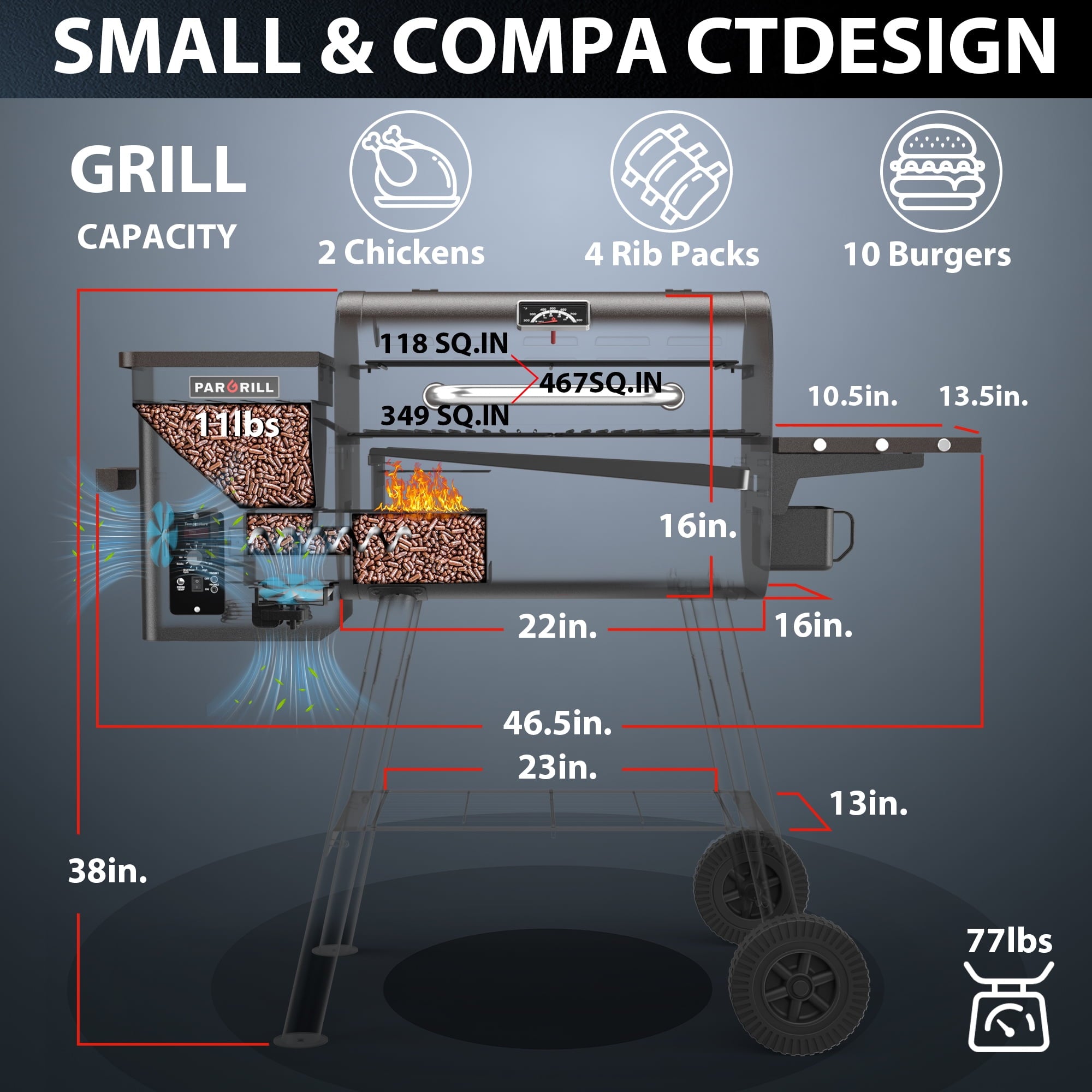 PARGRILL 467 sq.in Wood Pellet Grill & Smoker, BBQ Grill with Auto Temperature Control, for Outdoor Cooking, Patio and Backyard, Bronze Black