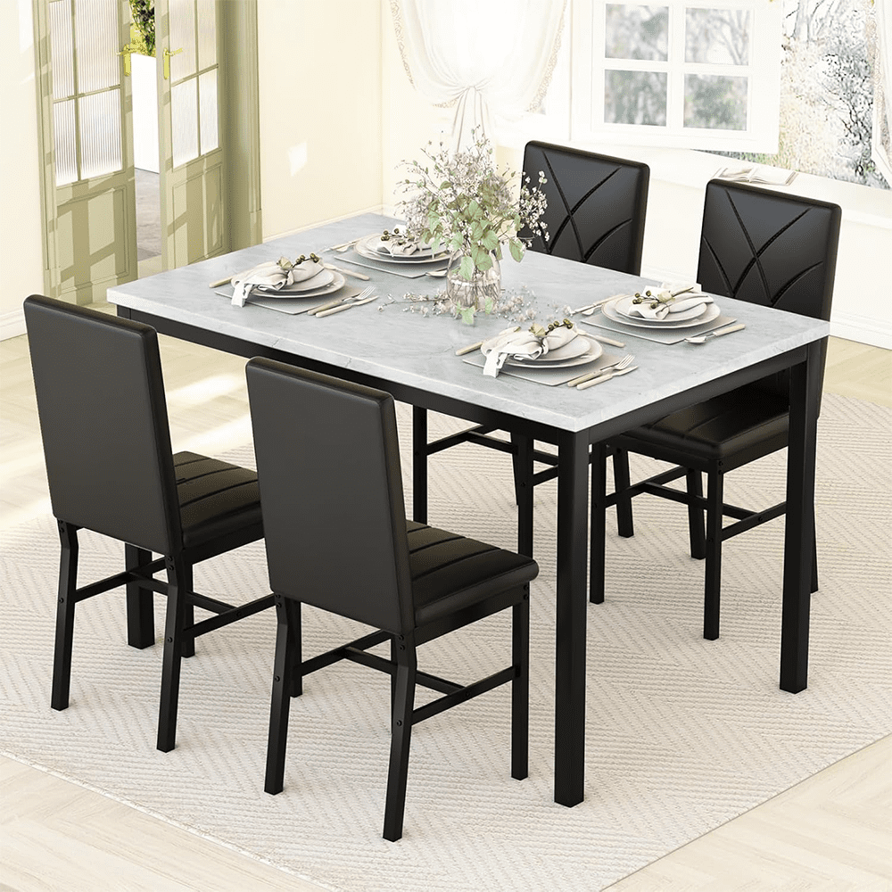 LinkRomat 5-Piece Faux Marble Dining Table Set for 4, Modern Kitchen Table with Chairs, Dinette Dining Room Furniture Set for Compact Space Saving