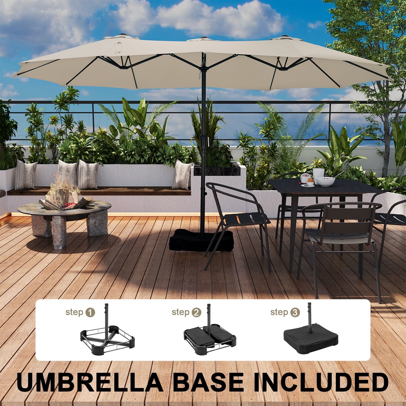 Ainfox 15ft Large Patio Umbrella with Solar Lights, Double-Sided Outdoor Rectangle Table Umbrellas with Sand Bag Base，Beige