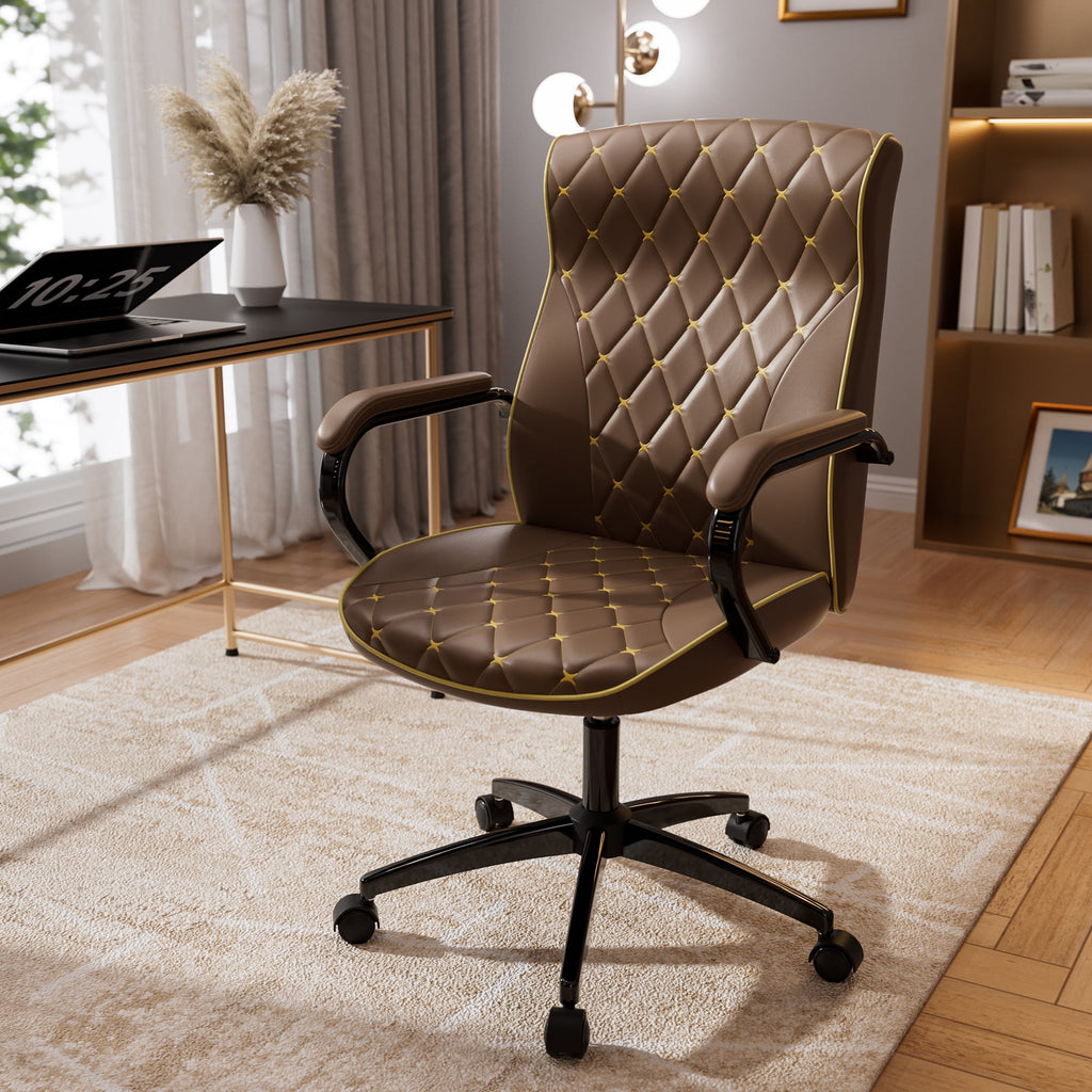 HomeZeer White and Gold Office Chair, Ergonomic High Back Executive Desk Chair with Wheels and Arms, Modern PU Leather Computer Chair with Rocking Function, White(Set of 2)