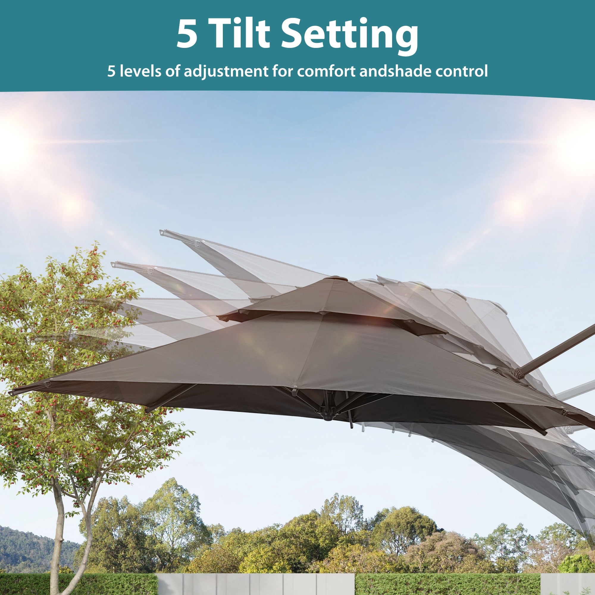 Ainfox 10ft Double Top Heavy-Duty Patio Cantilever Umbrella with lights and Cross Base, Outdoor Large Offset Hanging Aluminum Rotation Sun Shade Solar Umbrella with 360°Rotation Adjustable,Khaki