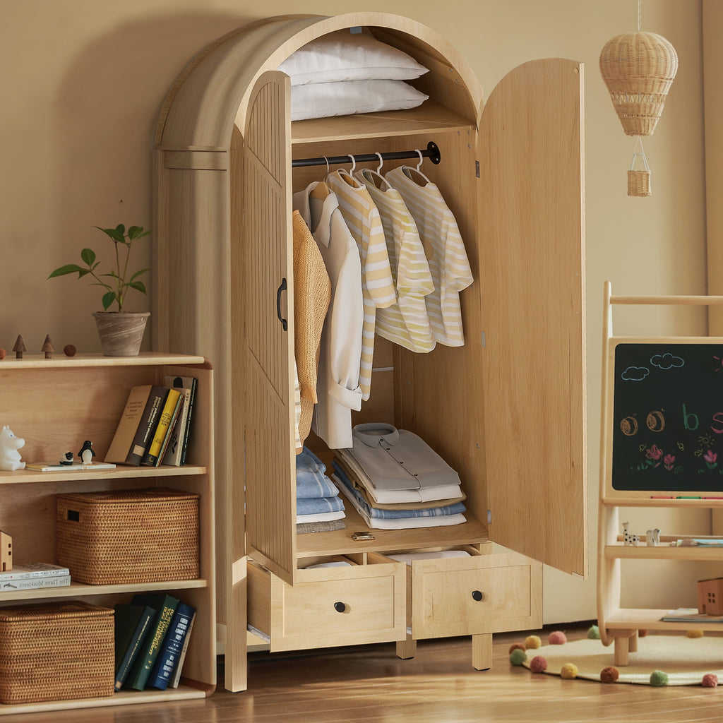 Oubayajia Arched Armoire Wardrobe Closet with Fluted Doors, Wooden Wardrobe Closet with Drawers, Shelves and Hanging Rod for Bedroom