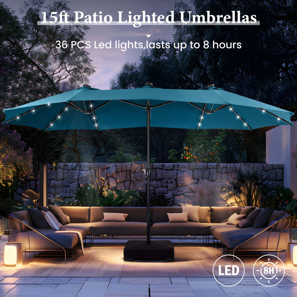 SUMMIT LIVING 15 FT Double-Sided Solar Patio Umbrella with Base Large Outdoor Umbrella with LED Solar Lights - Haze Blue