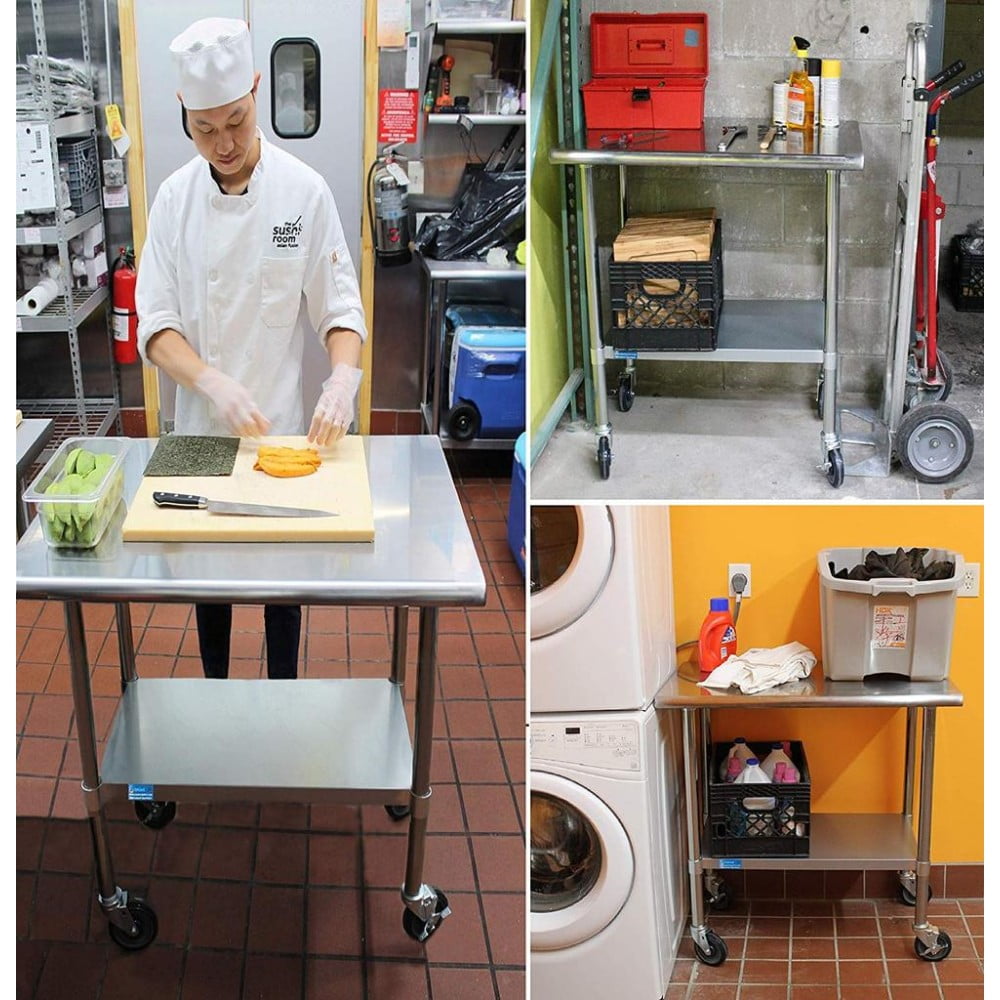 AmGood 60 Long x 30 Deep Stainless Steel Work Table with 2 Shelves and wheels | Commercial & Residential NSF Utility Table | Metal Food Prep Station