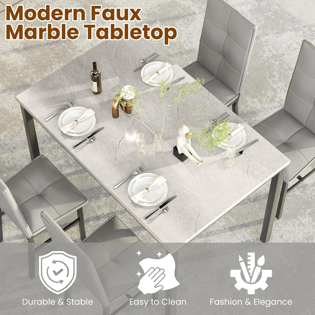 MOOSENG Dining Table Set for 4, Faux Marble Kitchen Table and Chairs Set of 4, 5-Piece Dining Room Set with PU Leather Upholstered Chairs for Small Space, Gray