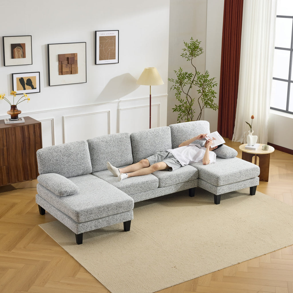 Ktaxon U-Shaped Sectional Sofa Set with Chaise, 4-Seater Blended Chenille Couch for Living Room, Apartment, Easy Assembly Khaki