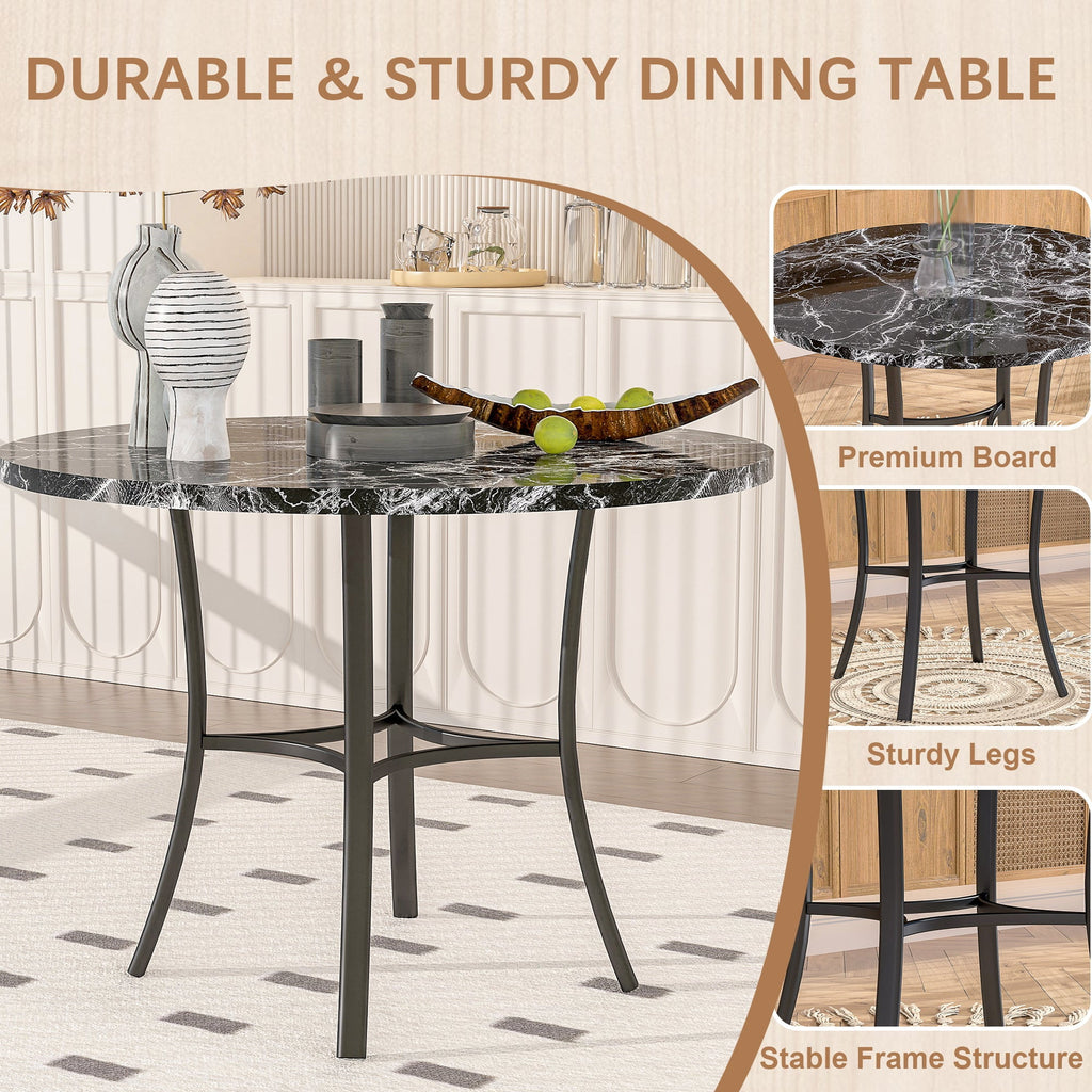 VECELO 5-Piece Dining Table Set, Modern Faux Marble Table and 4 Upholstered Chairs Set for 4, Round Dining Room Table Set for Small Space, Breakfast Nook, Apartment, Black