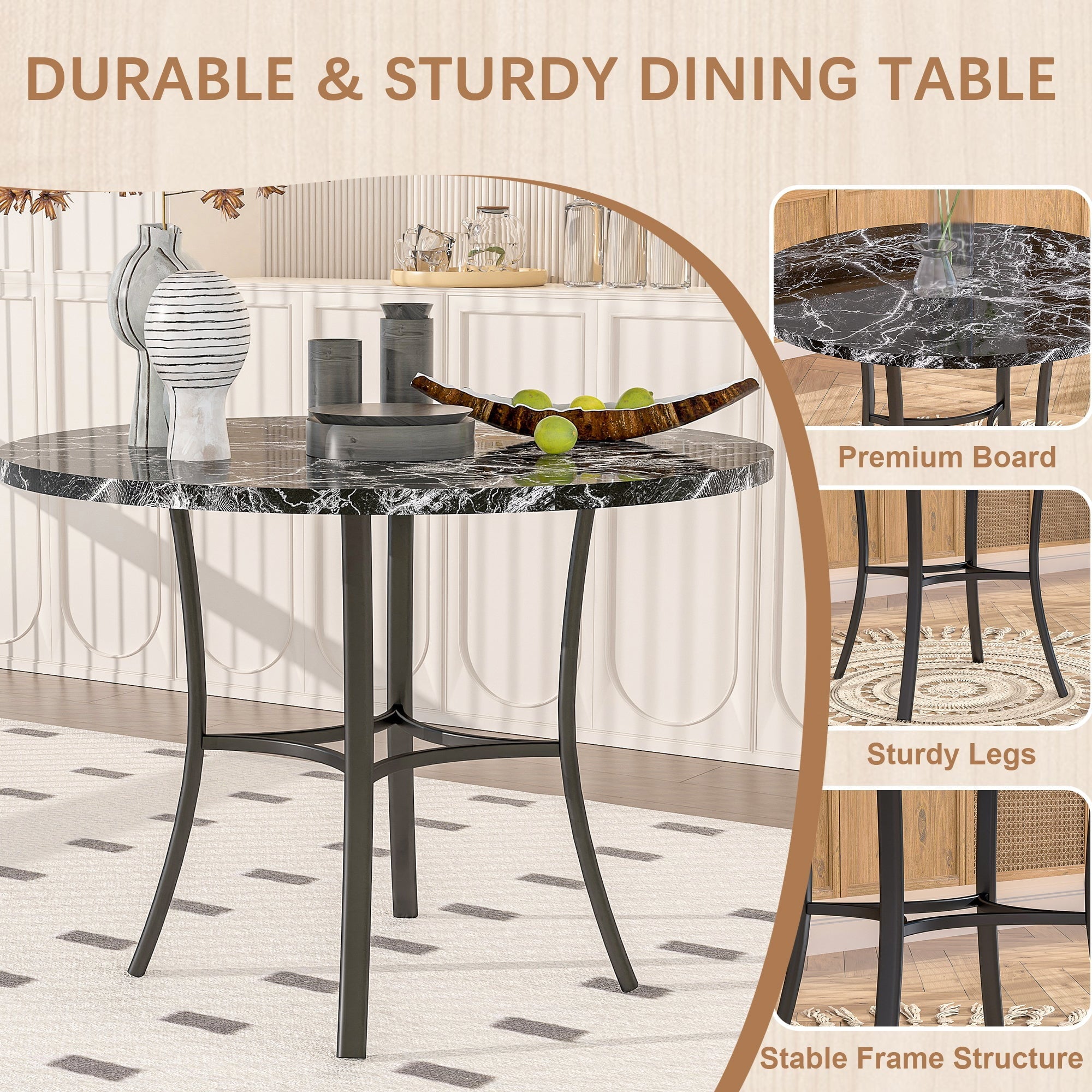VECELO 5-Piece Dining Table Set, Modern Faux Marble Table and 4 Upholstered Chairs Set for 4, Round Dining Room Table Set for Small Space, Breakfast Nook, Apartment, Black