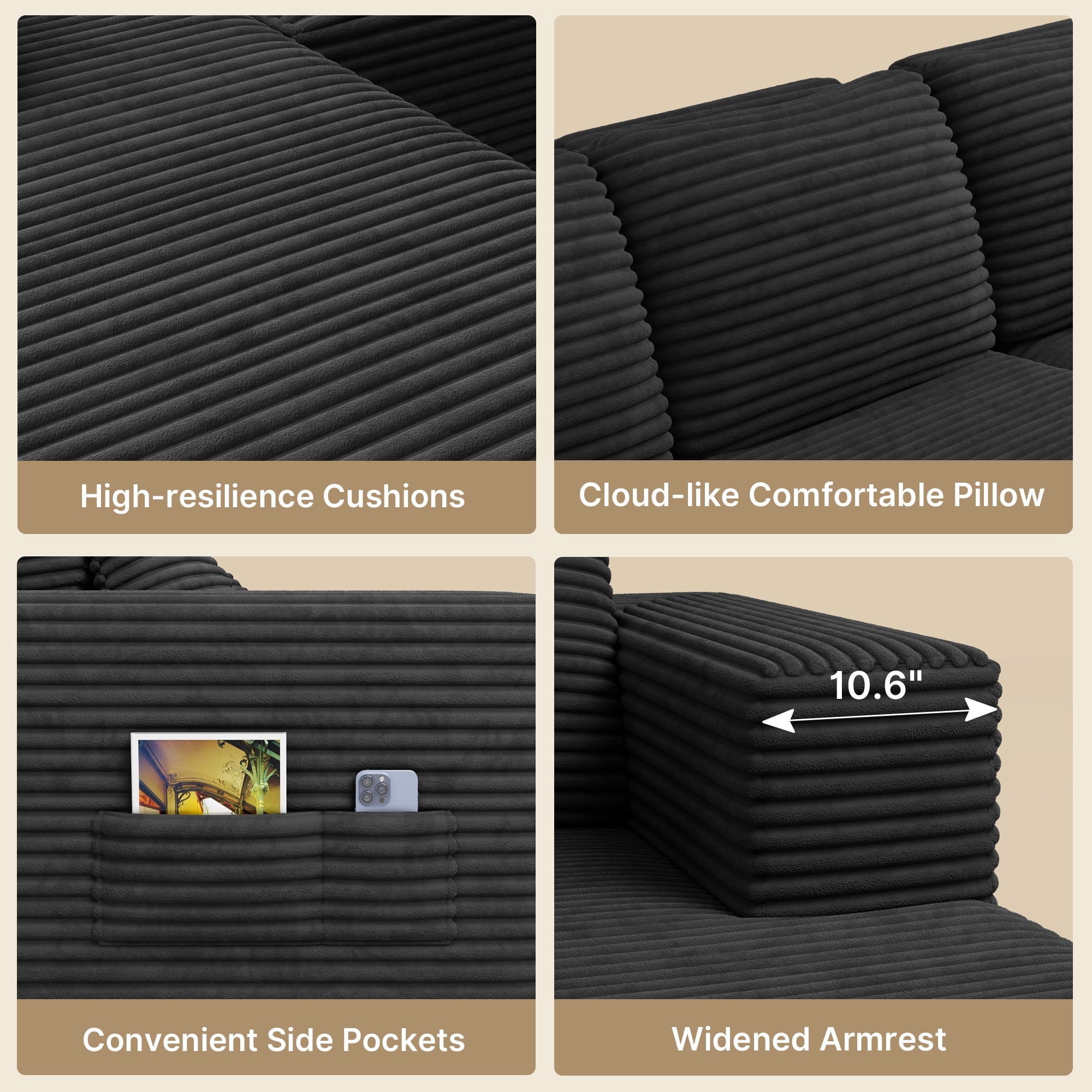Sofa, Lofka 105 Free Assembly L-Shaped Sectional with Pet Friendly Corduroy Fabric, Black for Living Room/Apartment