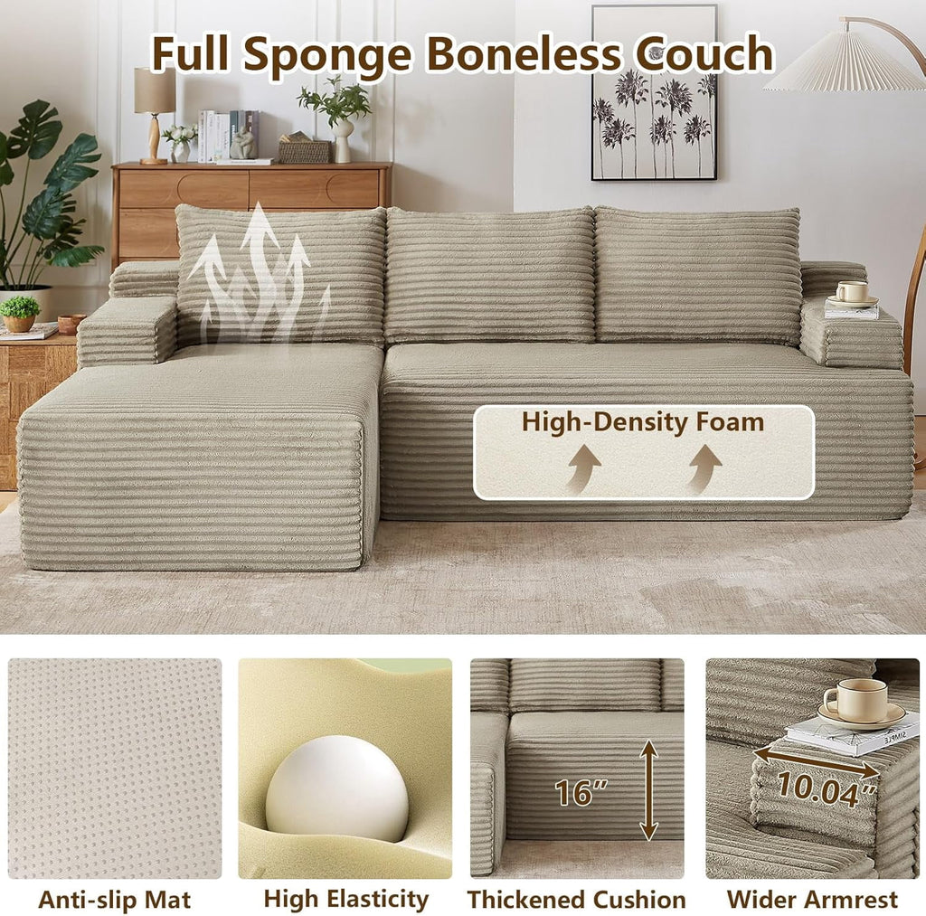 96 Boneless Cloud Couch with Chaise, Modular Sectional Sofa for Living Room, No Assembly Required, Deep Seat Corduroy Couch, Green