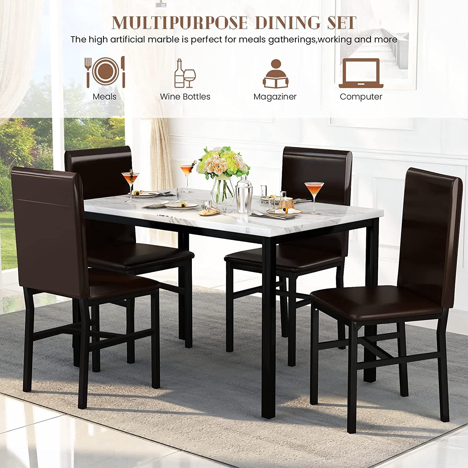 MIERES 5-Piece Dining Table Set for 4, Faux Marble Kitchen Table and 4 Chairs, Modern Dining Room Table with 4 Chairs, Dinner Table Set for Small Spaces, Brown