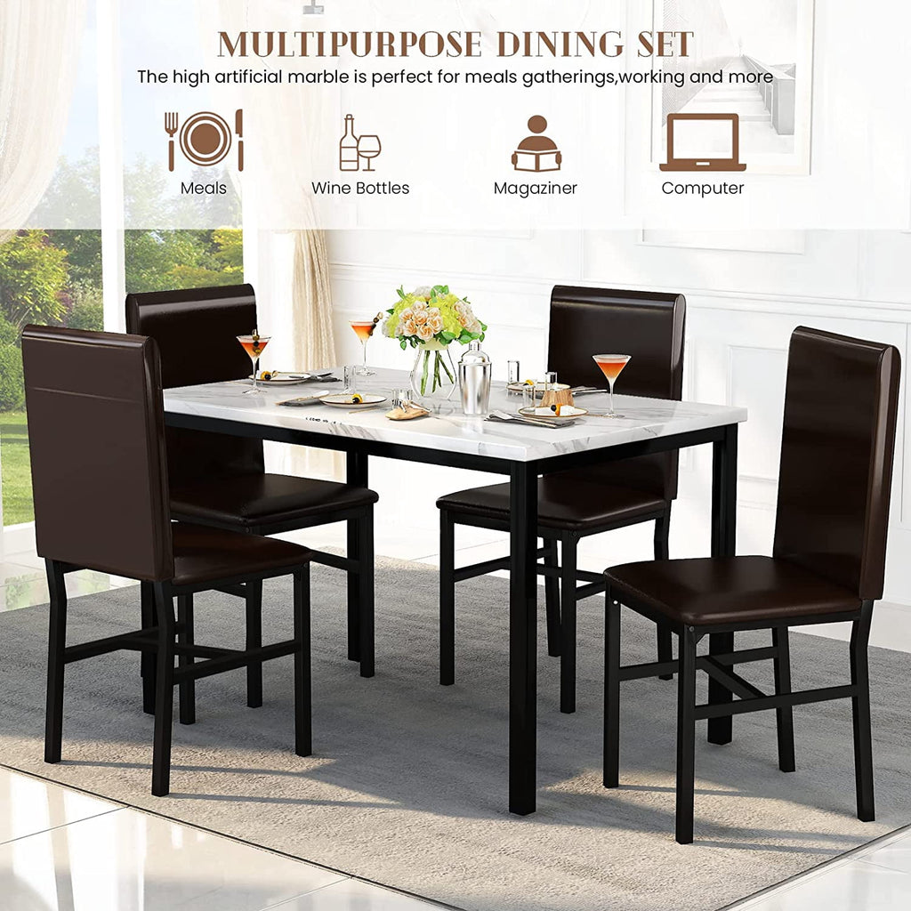 MIERES 5 Piece Dinning Table Sets for 4, Marble Kitchen Table and Chairs for 4,Dining Room Table Set with PU Leather Chairs,Faux Marble Dining Set for Small Spaces,Living Room,White+Brown
