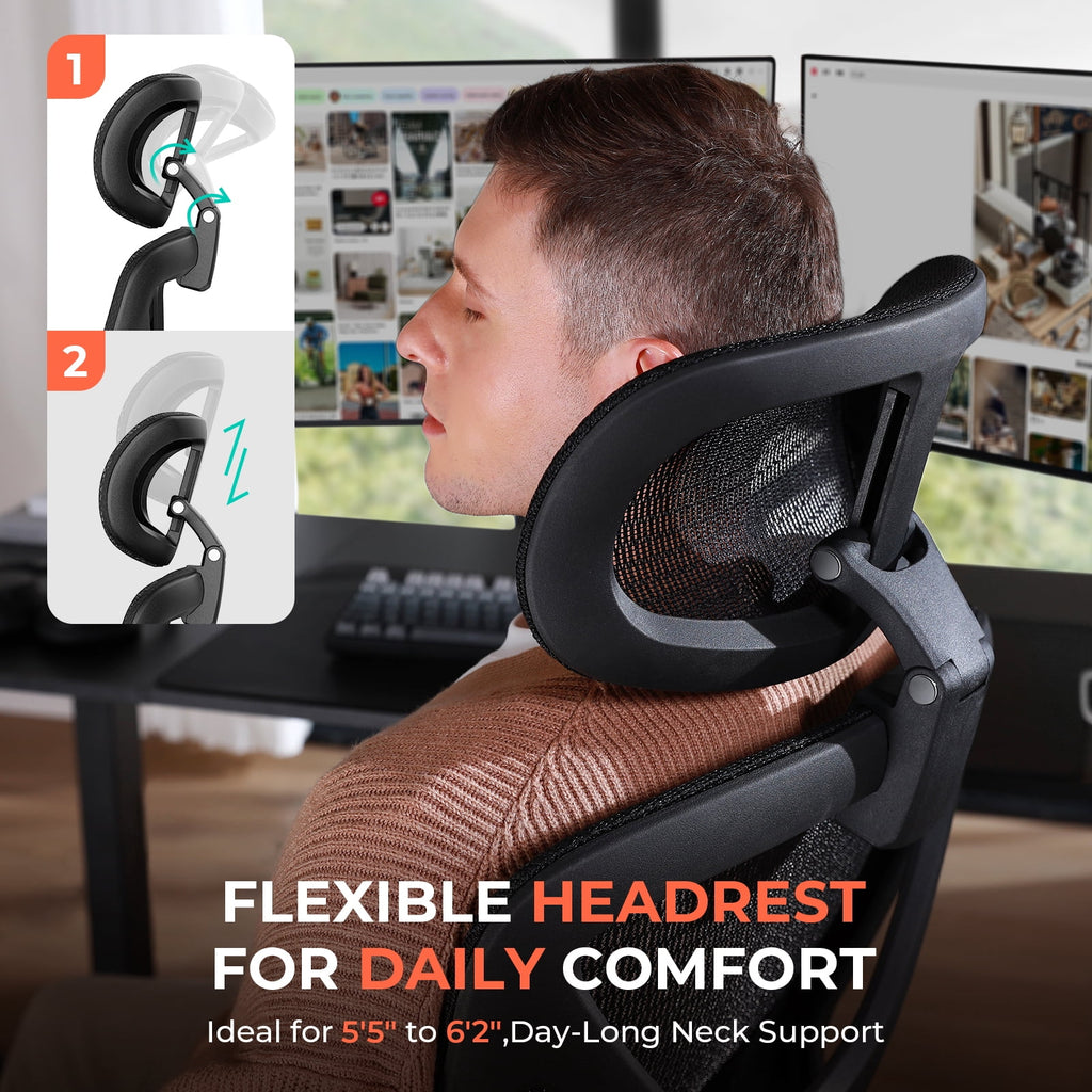 Ergonomic Mesh Office Chair with Adjustable Lumbar Support, Flip-Up Arms, Headrest, Swivel Task Chair for Home Office