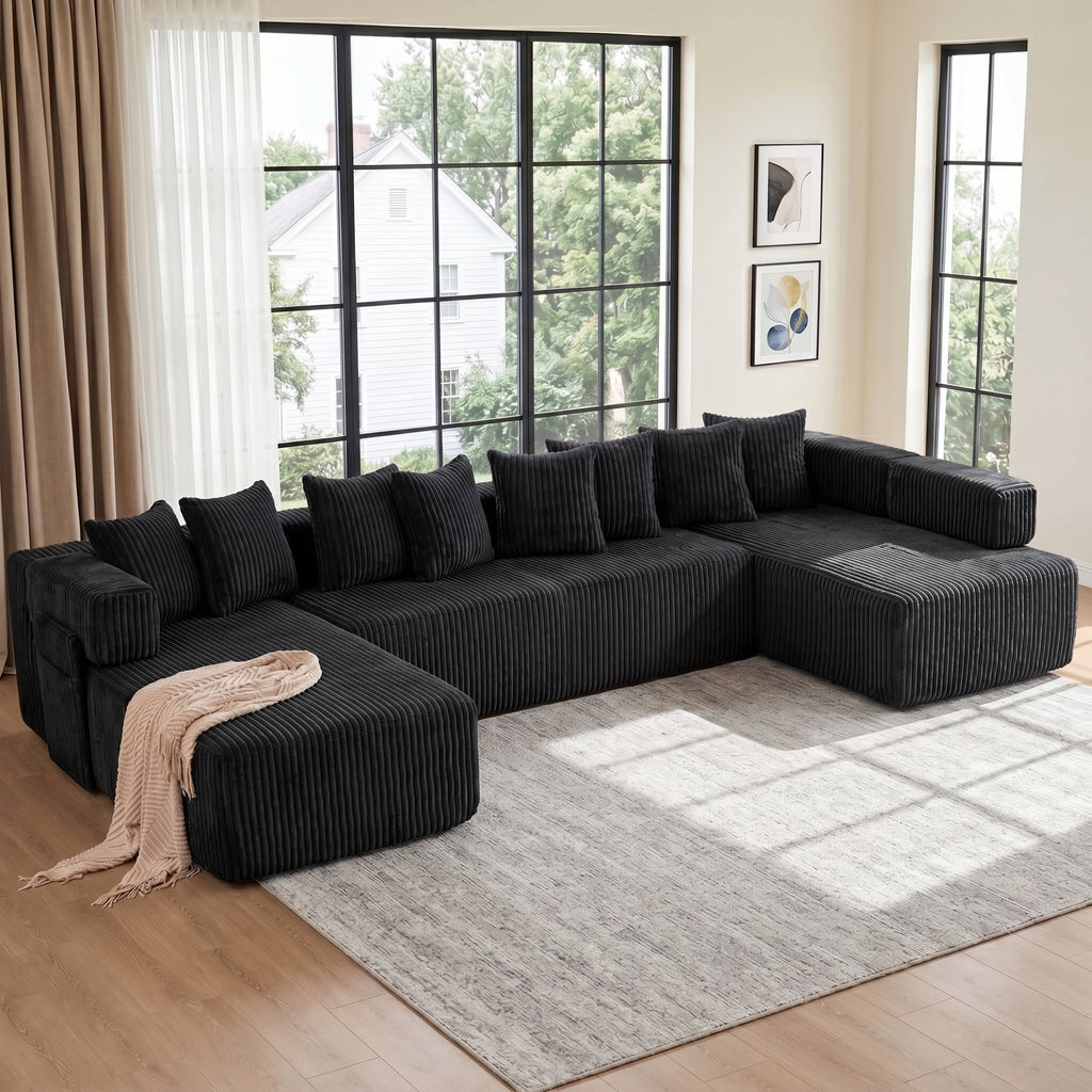 SOULART 138.5 U Shaped Sectional Couch,Gray Cloud Boneless Sofa For Living Room,Plush Corduroy Couches With Deep Seat Chaise Lounge,No Assembly Required