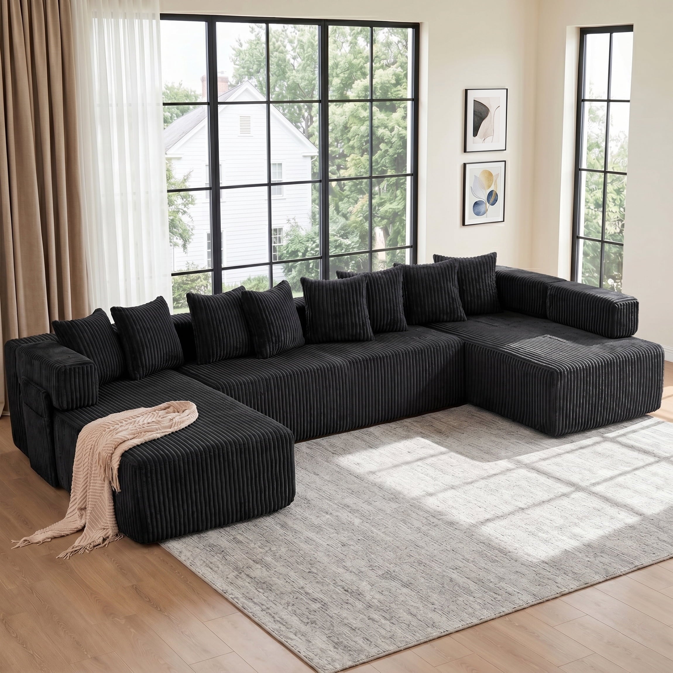 SOULART 138.5 U Shaped Sectional Couch,Gray Cloud Boneless Sofa For Living Room,Plush Corduroy Couches With Deep Seat Chaise Lounge,No Assembly Required