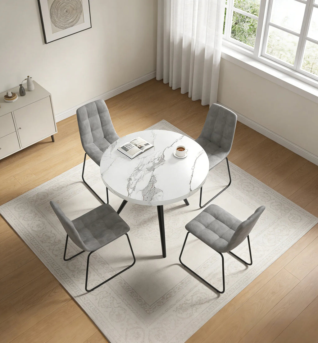 34.8 Round Dining Table Set for 4,5 Piece Mid-Century Modern Dining Set with 4 Upholstered Dining Chairs,Leisure Coffee Table for Kitchen Dining Room, Save Space