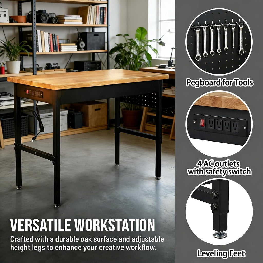 70 Inch Adjustable Workbench with Power Outlet Heavy Duty 2500 LBS Load Capacity Hardwood Work Table for Garage 6 Level Height Adjustable Workshop Bench with Wheels (70x22)