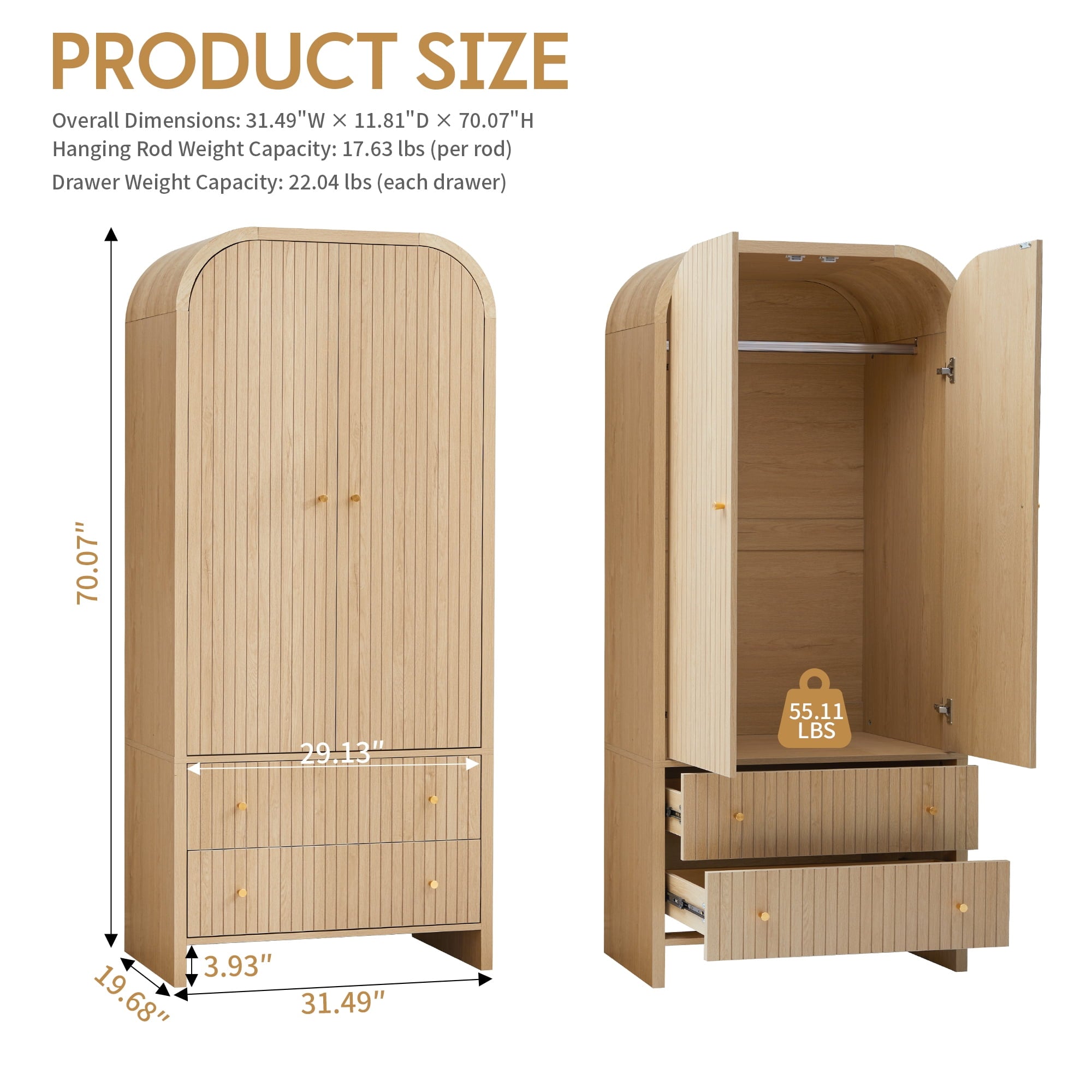 Wirrytor Freestanding Wooden Armoire Wardrobe with 2 Woven Doors and Storage Drawers, Space-Saving Closet Cabinet for Bedroom, Sturdy Mdf Board Closet with Hanging Rail