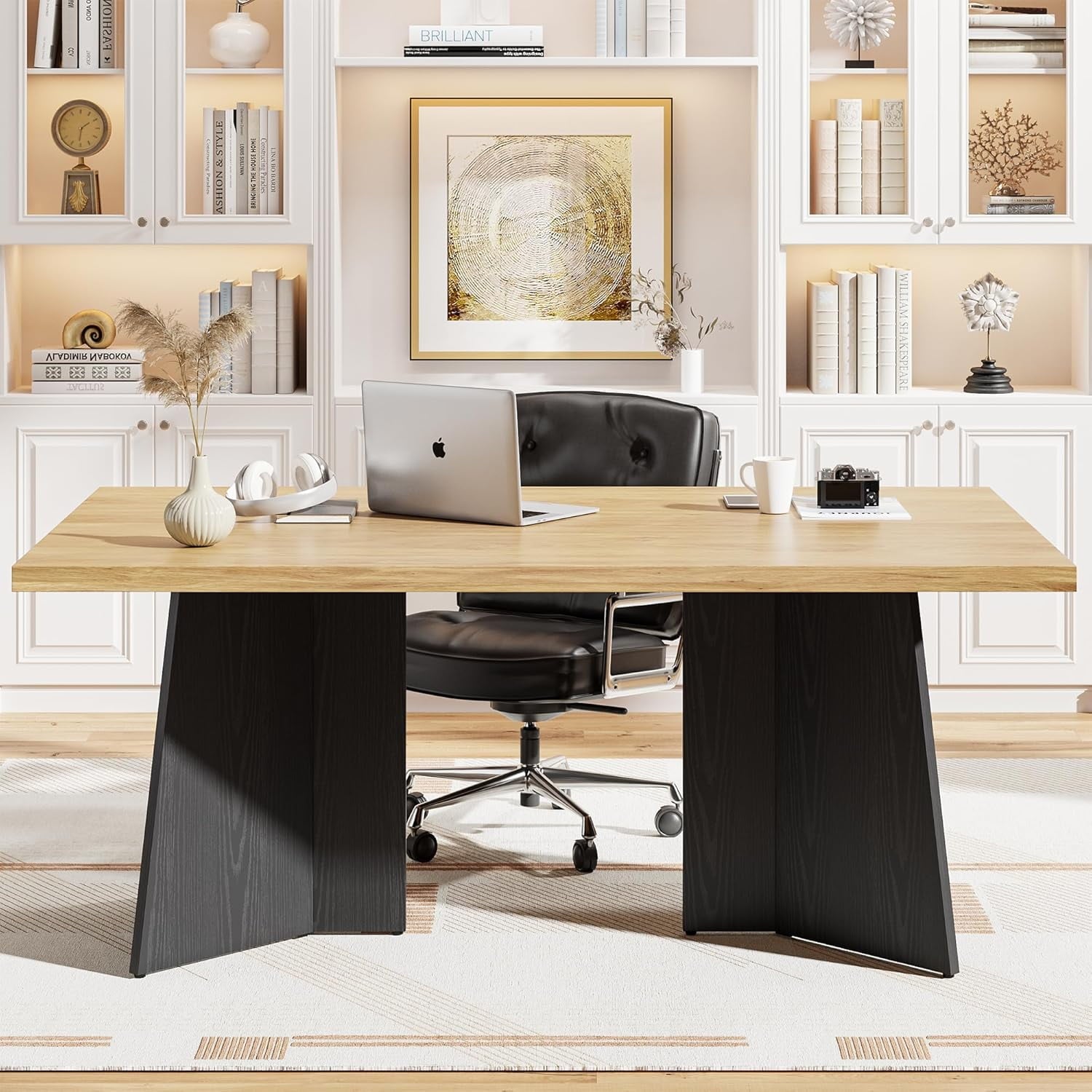 Dining Table for 6-8 People - 63 Modern Long Kitchen Table with Large Tabletop & Heavy Duty Pedestal Legs, Dinner Table for Kitchen, Conference Room, Home, Walnut