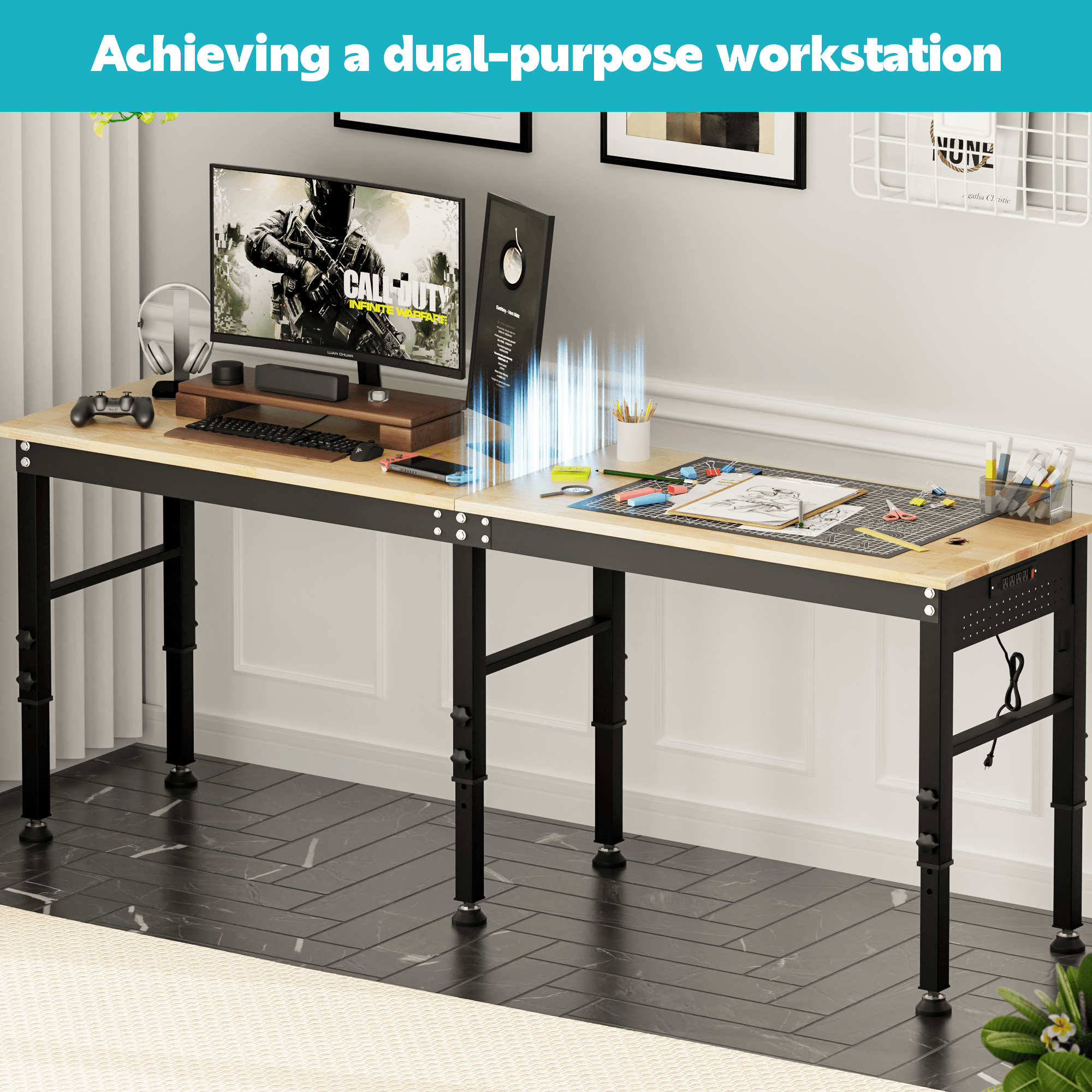 HARIPUL 96 inch Adjustable Workbench, 2000 LBS Heavy Duty Workstation with Power Outlets & Pegboard, Solid Rubber Wood Top Work Table for Garage, Workshop, Office, Commercial Use