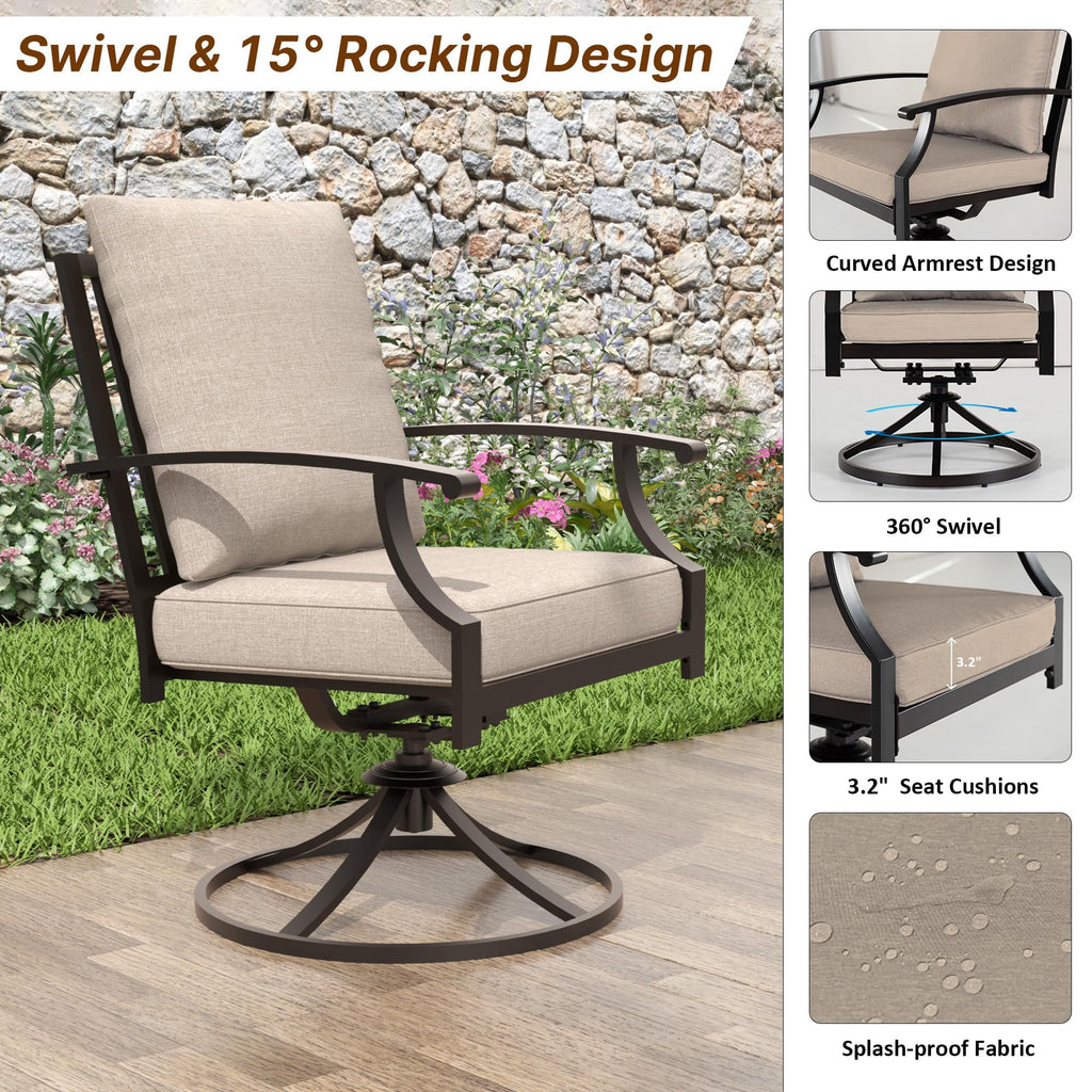 ALAULM 10 Piece Patio Dining Set w/14FT Umbrella, Metal Outdoor Furniture Set w/Rectangular table, 6 Fixed Chairs and 2 swivel rocking chairs for Patio, Backyard, Garden, Poolside（Grey）