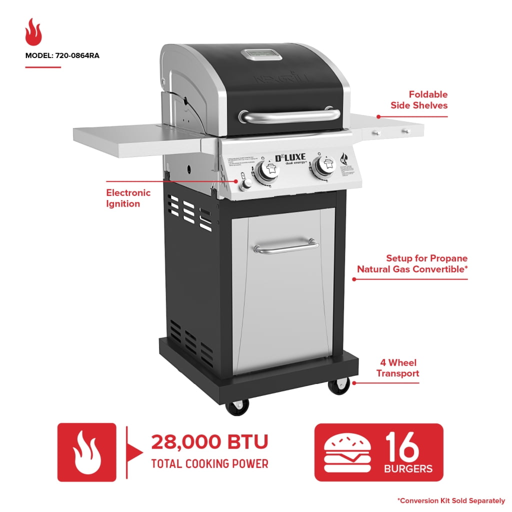 Nexgrill Deluxe 2-Burner Gas Grill with 401 SQ In Grate, 28000 BTUs, Stainless Steel Control Panel & Foldable Side Table, Propane BBQ Grill for Outdoor Cooking, Patios, Backyards and More -720-0864R