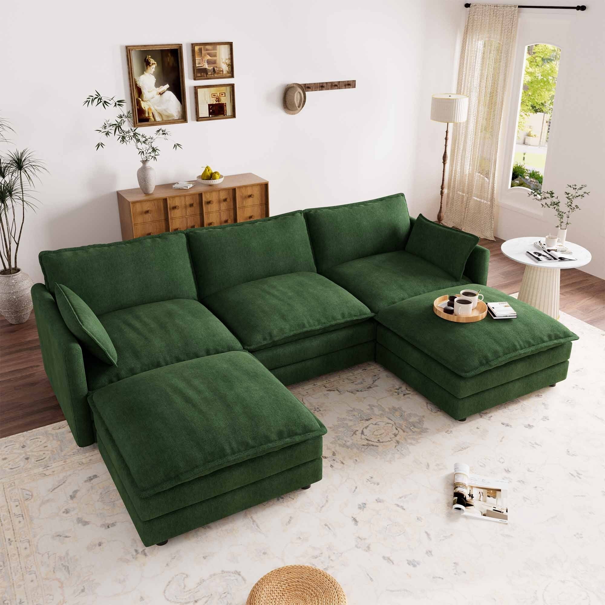 Muumblus Sectional Sofa Cloud Couch with Reversible Ottoman, L-Shaped Chenille Sofa for Living Rooms, Beige