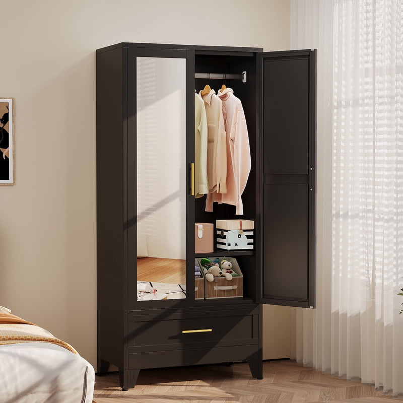 Ero Metal Freestanding Armoire Wardrobe Closet with Hanging Rod and Mirror