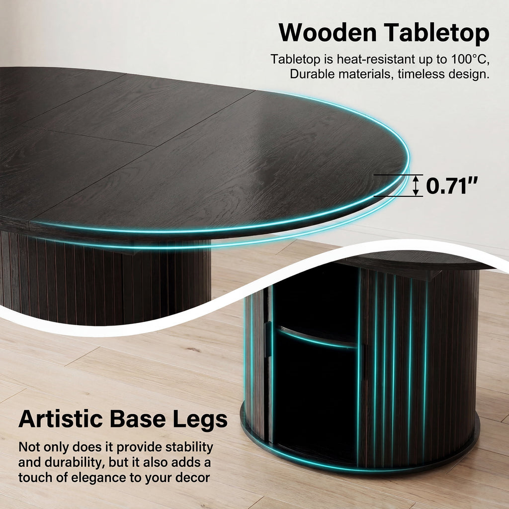EOP 47″- 63″ Extendable Round Dining Table for 4-6, Wooden Kitchen Table with Hidden Storage and Fluted Sliding Door Cabinet, Modern Space-Saving Table for Dining Room Kitchen, Walnut