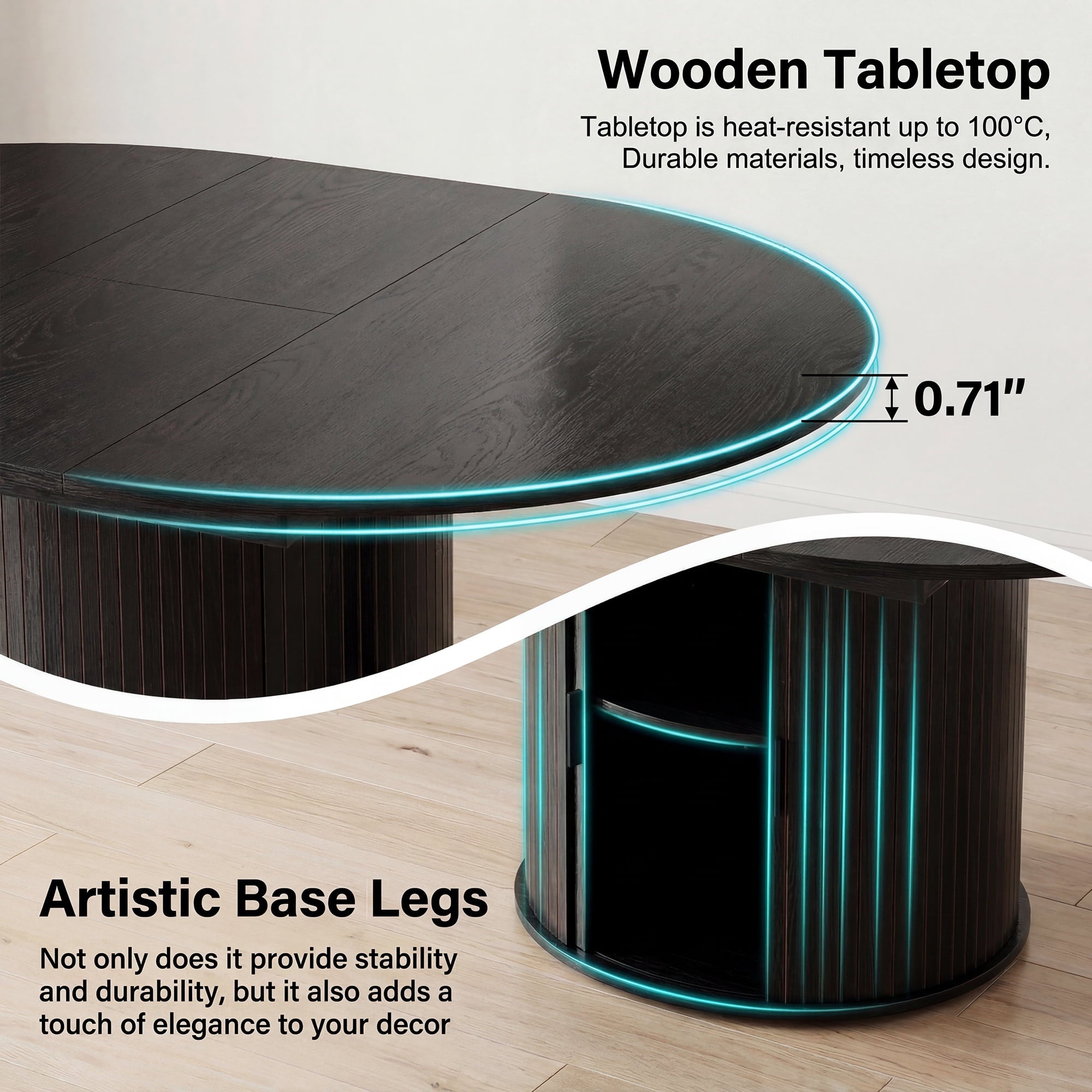 EOP 47″- 63″ Extendable Round Dining Table for 4-6, Wooden Kitchen Table with Hidden Storage and Fluted Sliding Door Cabinet, Modern Space-Saving Table for Dining Room Kitchen, Walnut