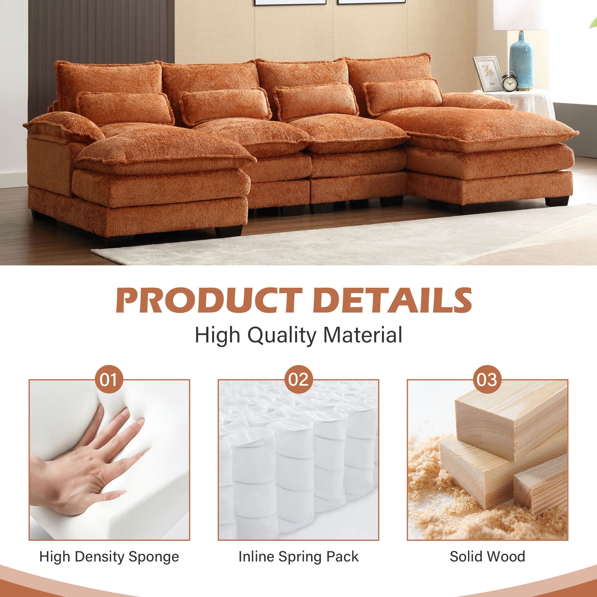 JONPONY109.45 U Shaped Couch,Oversized 4 Seat Sectional with 4 Waist Pillows, Convertible Upholstery Symmetrical Sofá,Sleeper Sofa Couch with Double Chaise Lounge &Memory Foam for Living Room, Beige