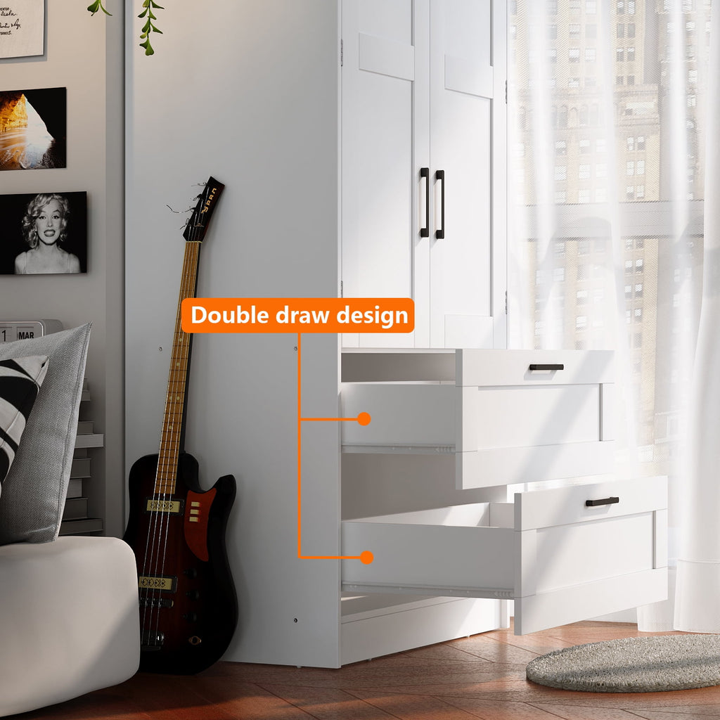 Wood White Wardrobe Closet with 2 Doors，Bedroom Freestanding Armoire Storage Cabinet with Shelves，Wooden Wardrobe Combination for Hanging Clothes